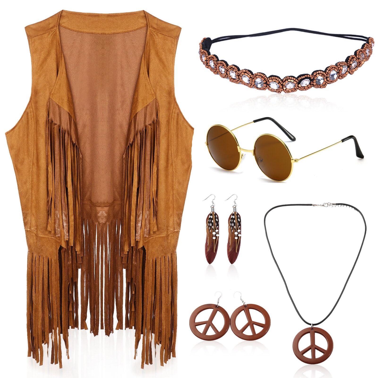 AmycuteWomen Hippie Costume 60s 70s Fancy Dress Disco Outfit, Hippie Fringe Vest Outfits with Hippy Necklaces Earrings Sunglasses Headband