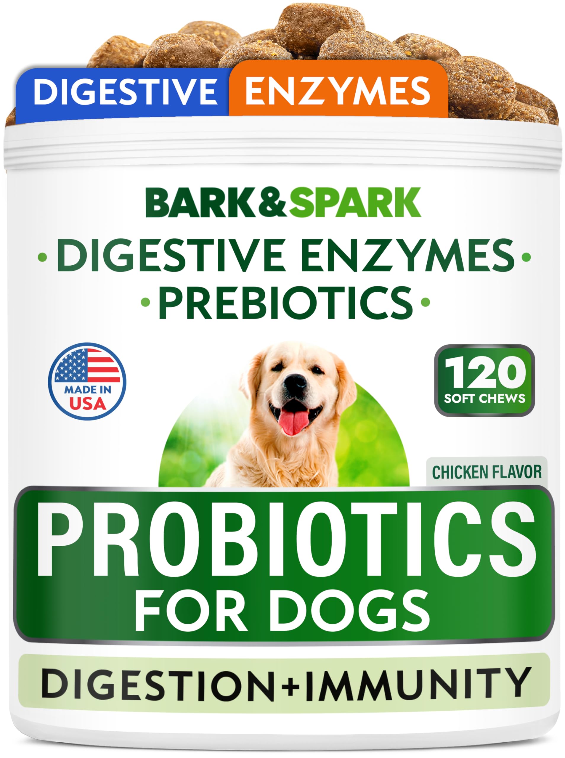 BARK&SPARK Dog Probiotics & Digestive Enzymes (Gut Health) Allergy & Itchy Skin - Pet Diarrhea Gas Treatment Upset Stomach Relief, Digestion Health Prebiotic Supplement Tummy Treat (120Ct Chicken)