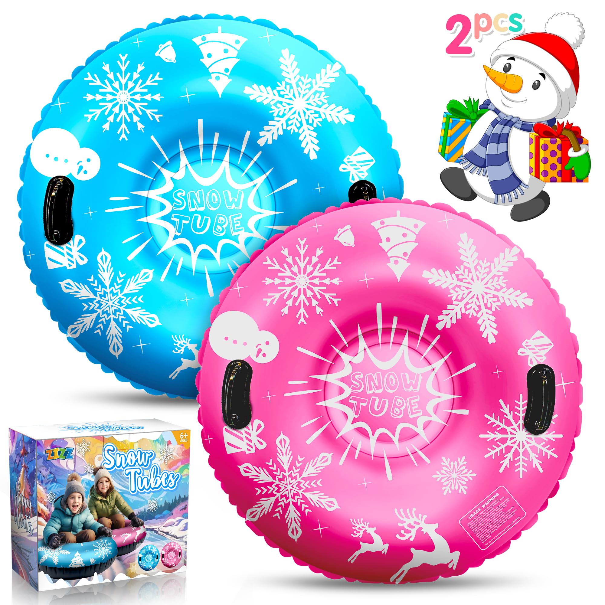 ZIZZ Snow Sled Toys for Sledding - 2 Packs Inflatable Heavy Duty Snow Tube for Toddler Kids Adult Outdoor Sledding Activities Gift for Boys Girls Christmas Winter Sport Toys Suppiles