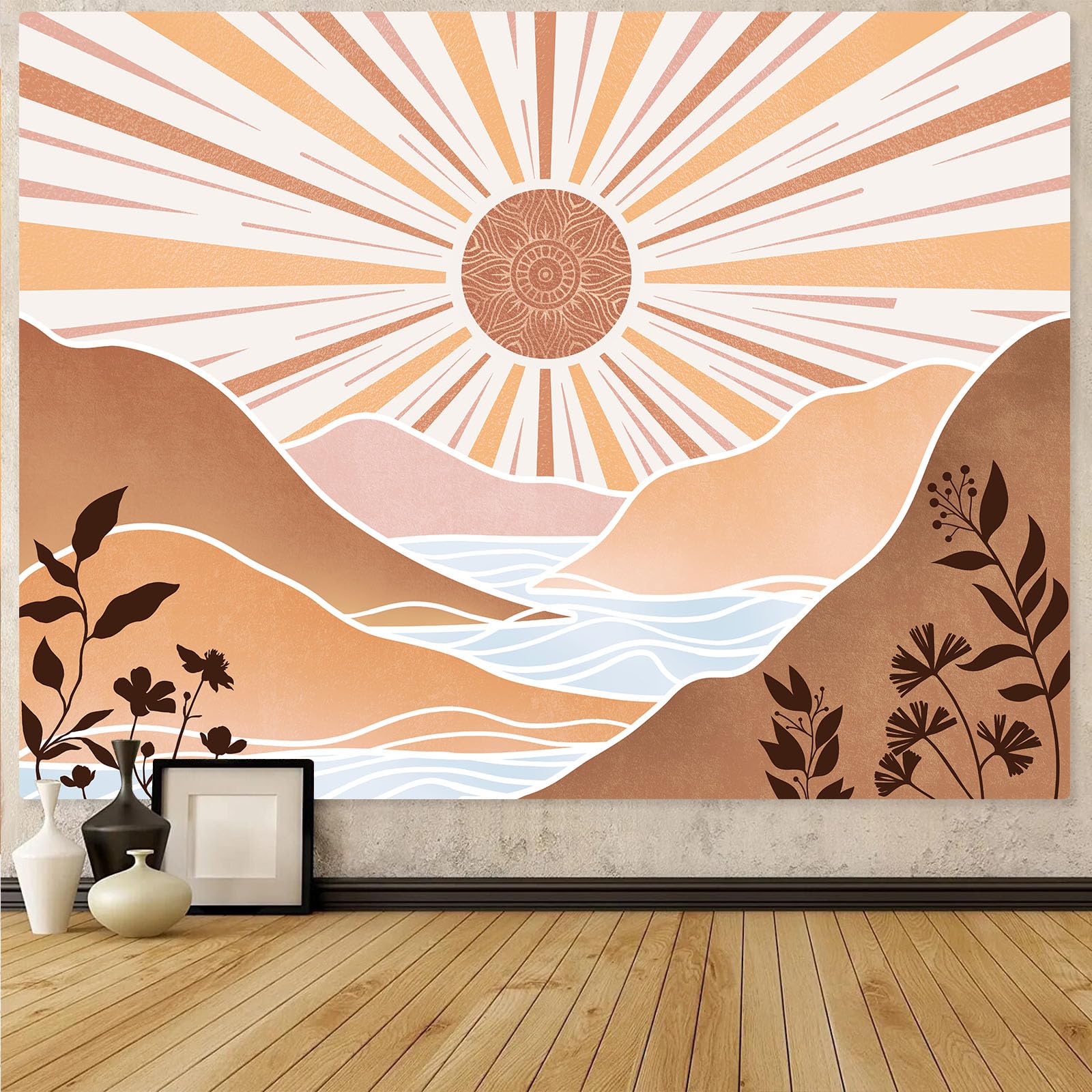 Accnicc Boho Sun Mountain Tapestry Vintage 70s Abstract Rainbow Sunset Sunrise Tapestries for Bedroom Aesthetic Retro Gold Art Sunshine Classroom Tapestry Wall Hanging for Living Room Dorm (Brown,