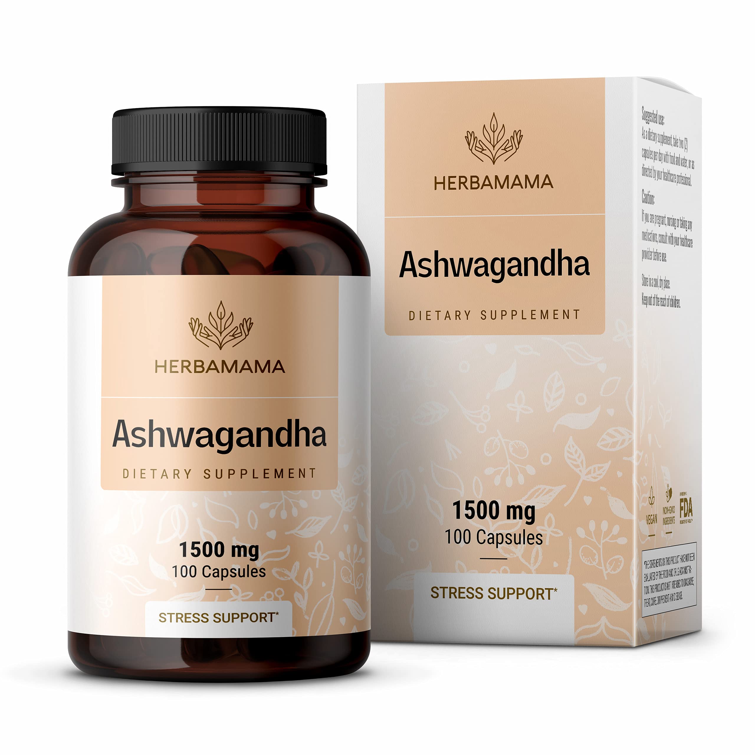 HERBAMAMA Ashwagandha Root Capsules - 1500 mg Ashwagandha Calm Support Supplement - Relaxation and Focus Supplements for Adults - Vegan, Non-GMO - 100 Caps