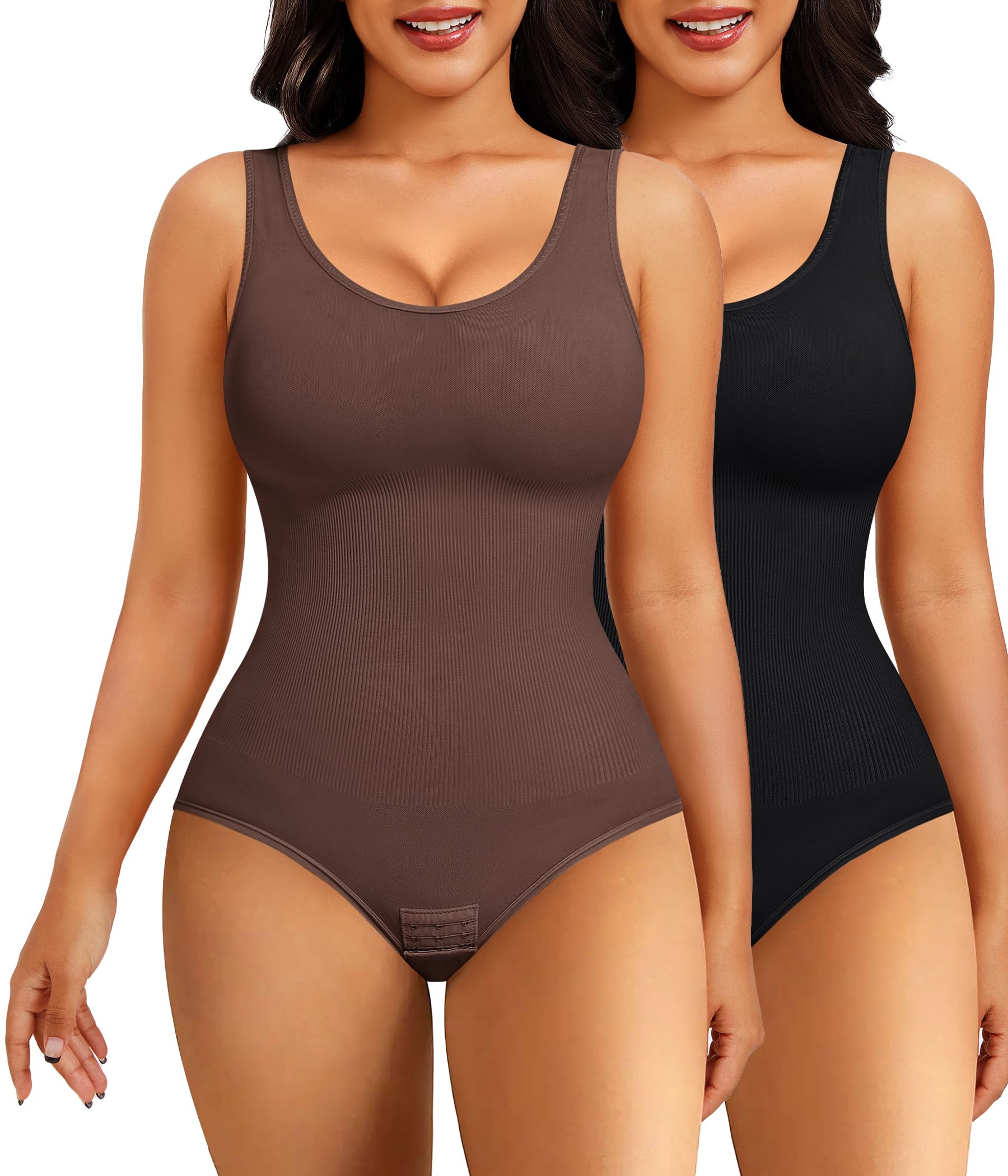 Nebility2 Piece Shapewear Bodysuit for Women Tummy Control Slim Fit Sleeveless Round Neck Body Suit