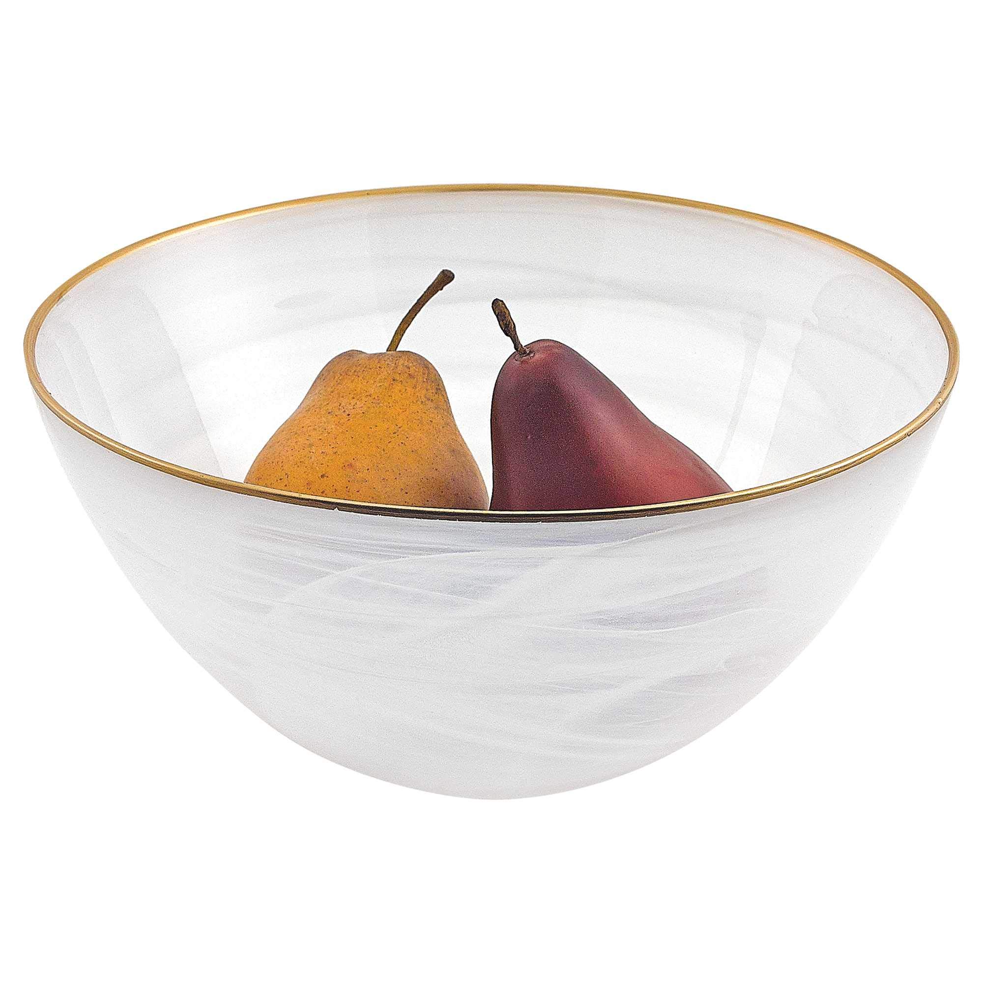 HomeRoots 375867 10" Hand Crafted White Glass Fruit Or Salad Bowl with Gold Rim