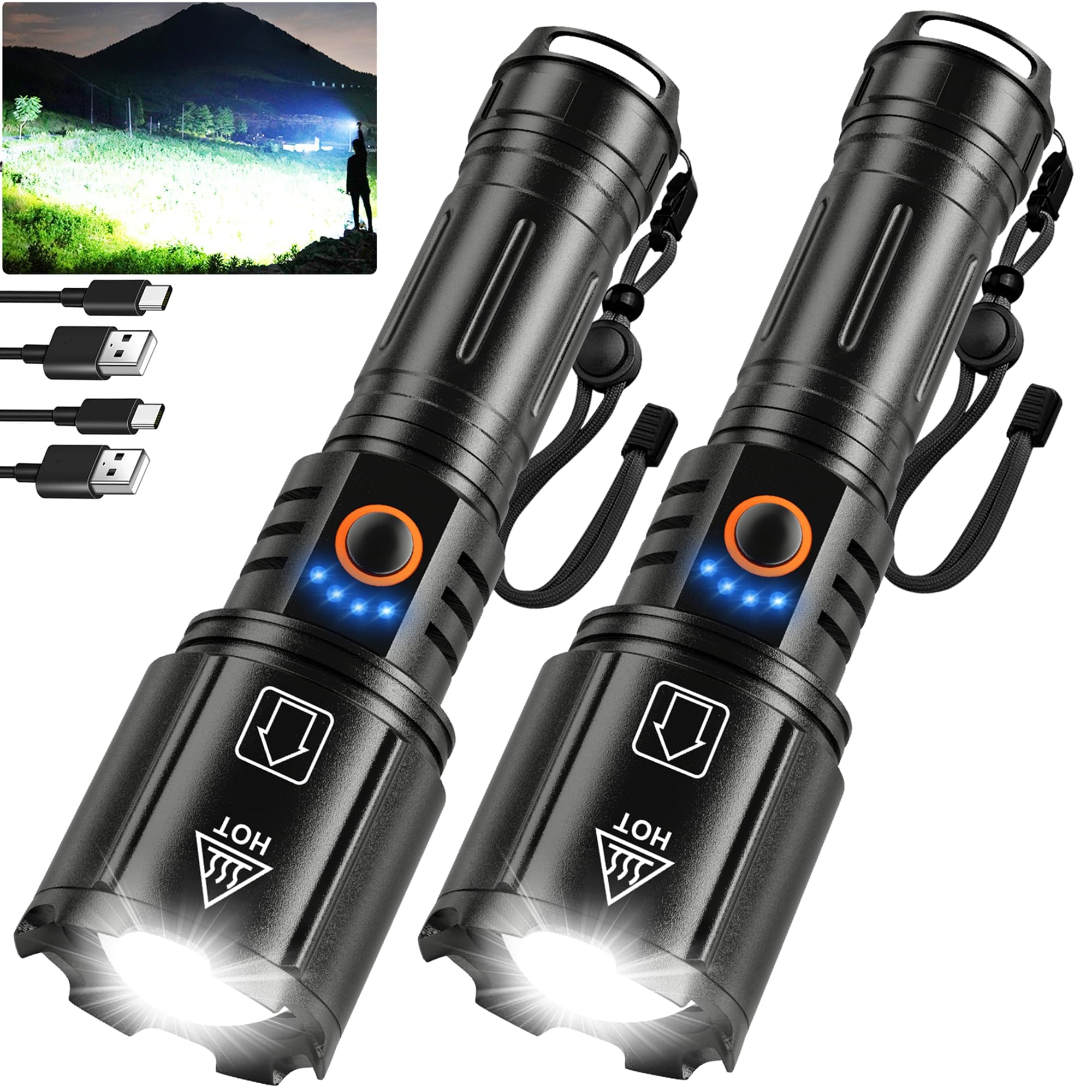 High Lumens Rechargeable Flashlight, 2 Pack 990000 Lumen Super Bright Flashlights for Home,5 Modes,IPX6 Waterproof,Slip Resistant