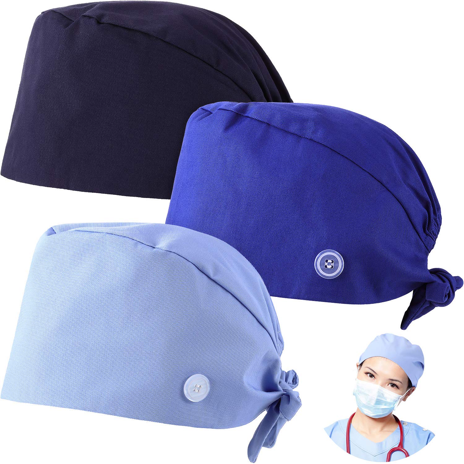 Syhood 3 Pieces Working Caps with Buttons and Sweatband Adjustable Gourd-Shaped Tie Back Hats for Women Men