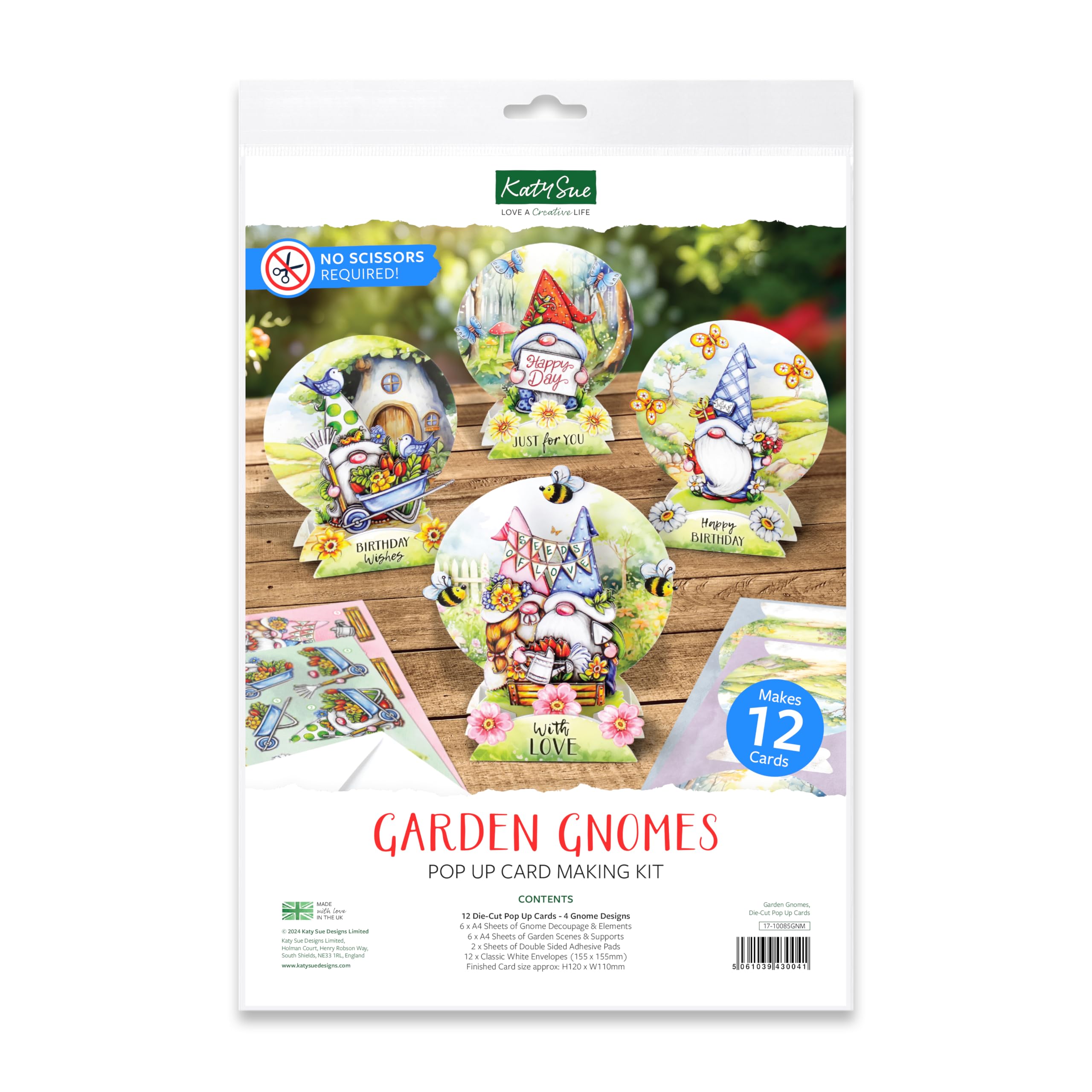 Katy Sue Garden Gnomes Die-Cut Pop-Up Card Making Kit for Adults. Makes 12 Cards & Contains Gnome/Gonk Die-Cut Decoupage Paper Sheets, Supports, Envelopes & Foam Pads for Card Making Supplies