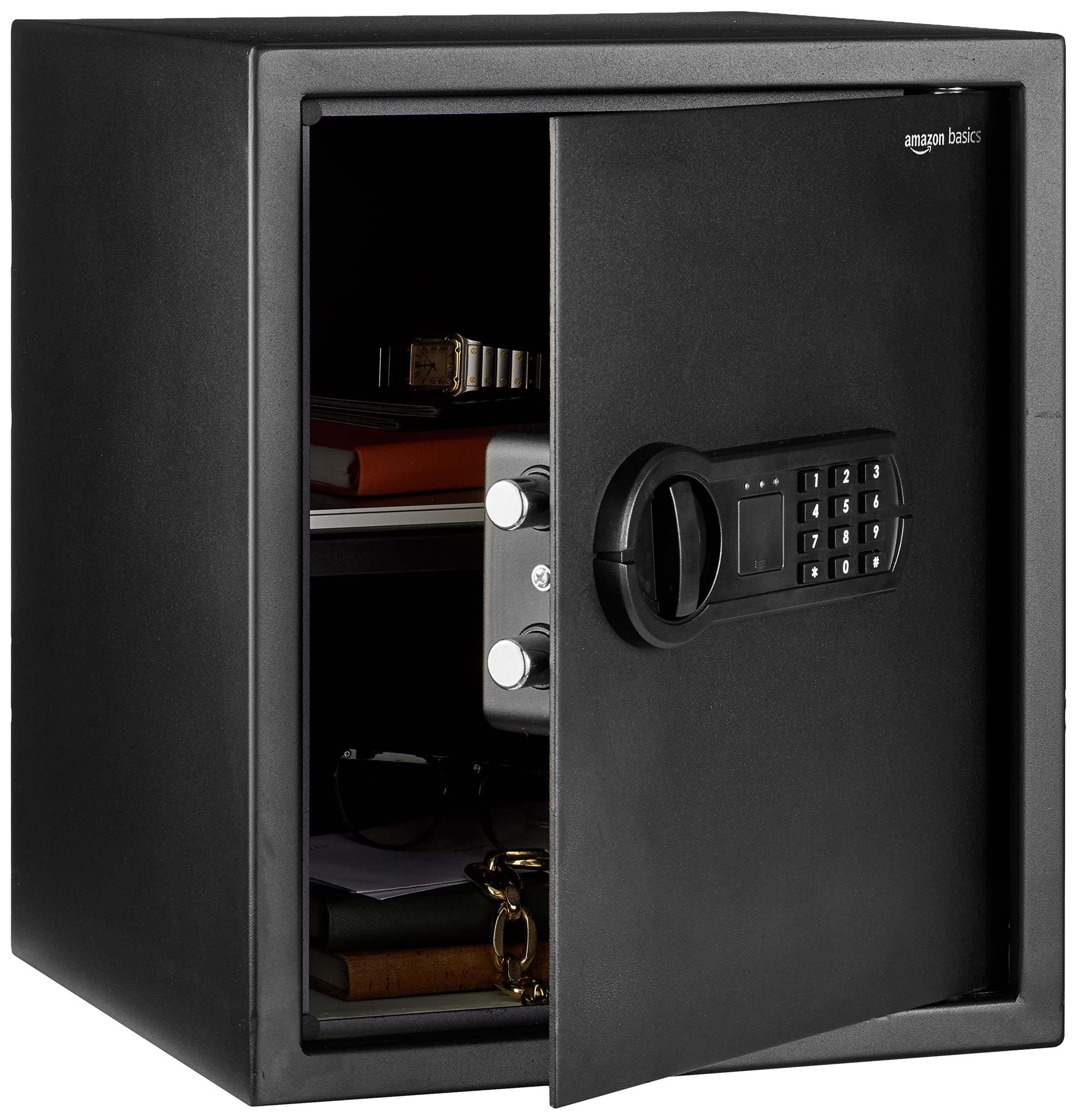 Amazon BasicsSmall Safe For Home, Steel Security, Electronic, Programmable Keypad Lock Box, 1.52 Cubic Feet, Black