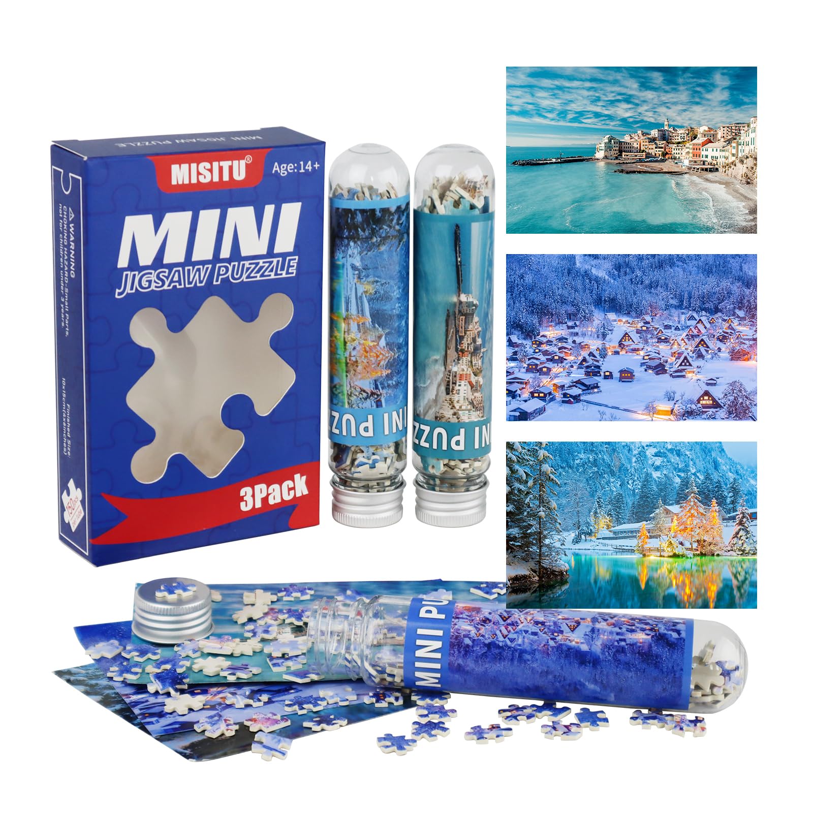 MISITU 3 Pack 150 Piece Mini Puzzles for Adults - Snow View, Beach - Portable Puzzle for Travel