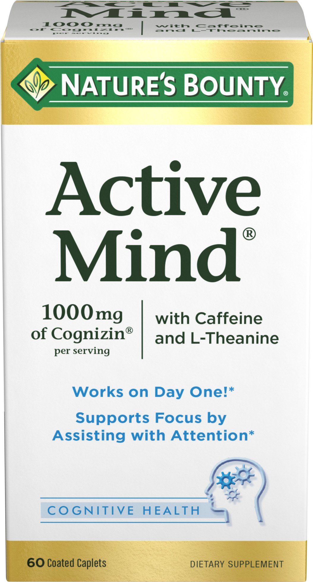 Nature's BountyActive Mind Dietary Supplement, Supports Focus and Attention, 1000 mg Cognizin with L-Theanine and Caffeine Pills, 60 Caplets