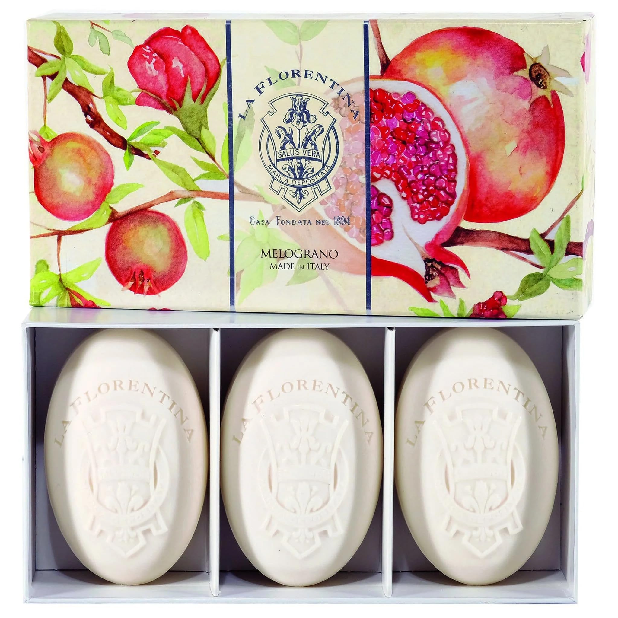 LA FLORENTINA"Melograno" Bar Soaps, Pomegranate Scent,"Bellosguardo" Collection - Pack of 3 Soaps, 5.3 Ounces (150g) Each, Gift Box [ Italian Import ]