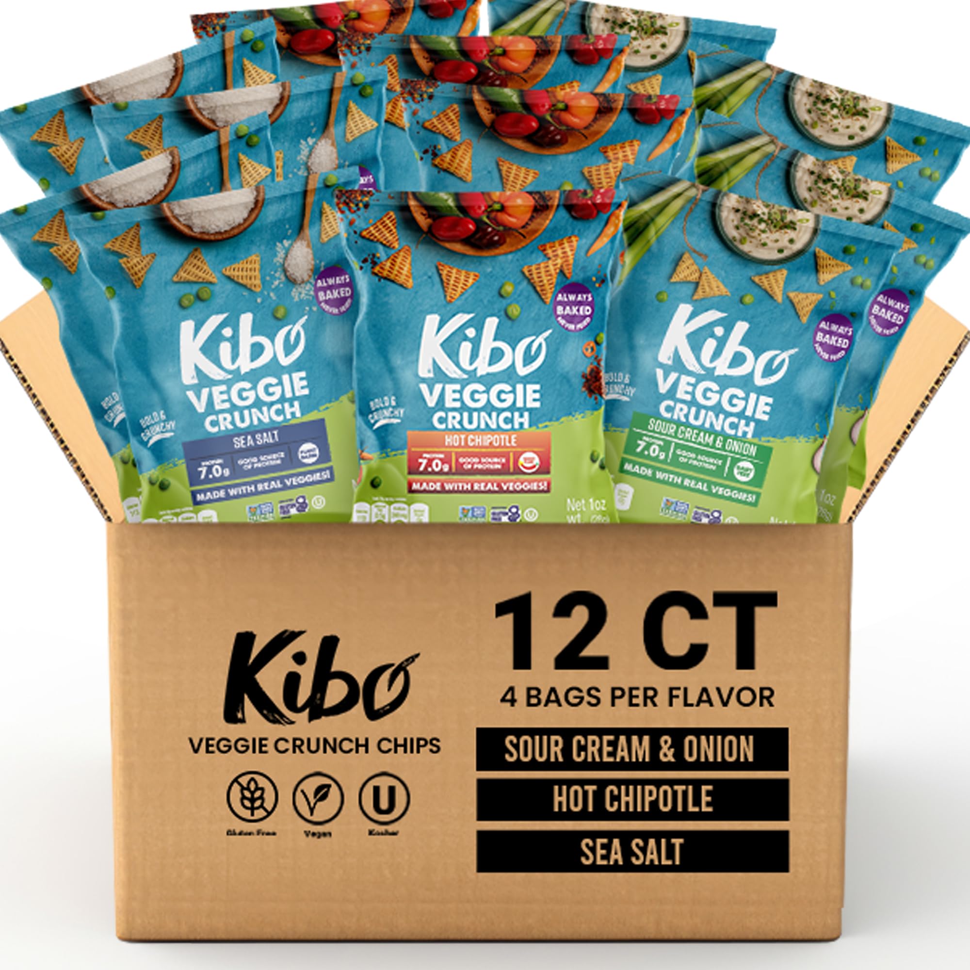 Kibo Veggie Chips Variety Snack Set - 7g Plant-Based Protein - Bold Flavors: Sea Salt, Hot Chipotle & Sour Cream & Onion - Gluten-Free, Non-GMO, Vegan, Dairy-Free - Fun Crunchy 3D Bite-Size Triangles - 12 Pack