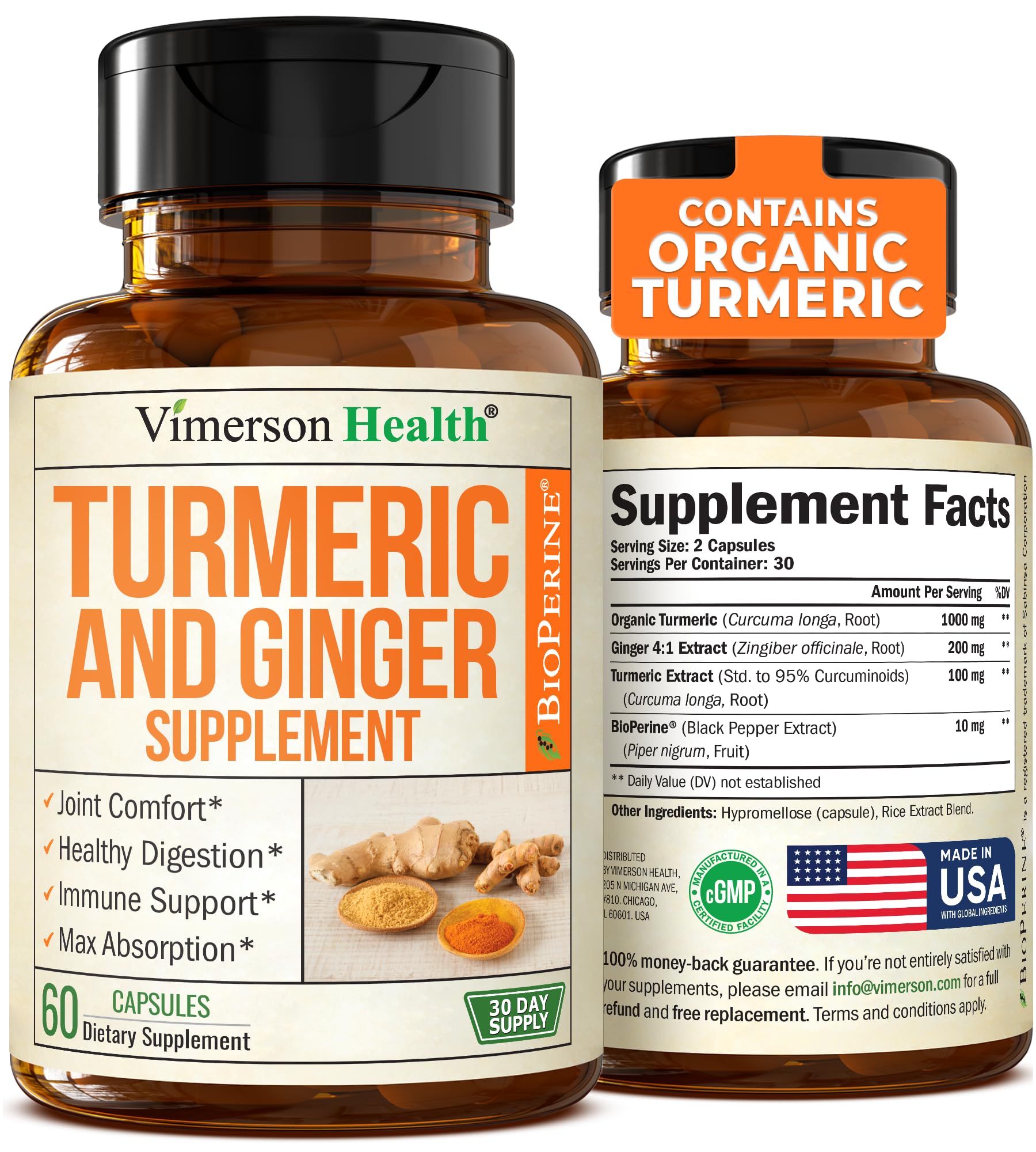 Turmeric Supplement and Ginger Root Joint Support Supplement - Turmeric Curcumin Supplement 95% Curcuminoids. Contains Organic Turmeric with Black Pepper (Bioperine) for Max Absorption. 60 Capsules