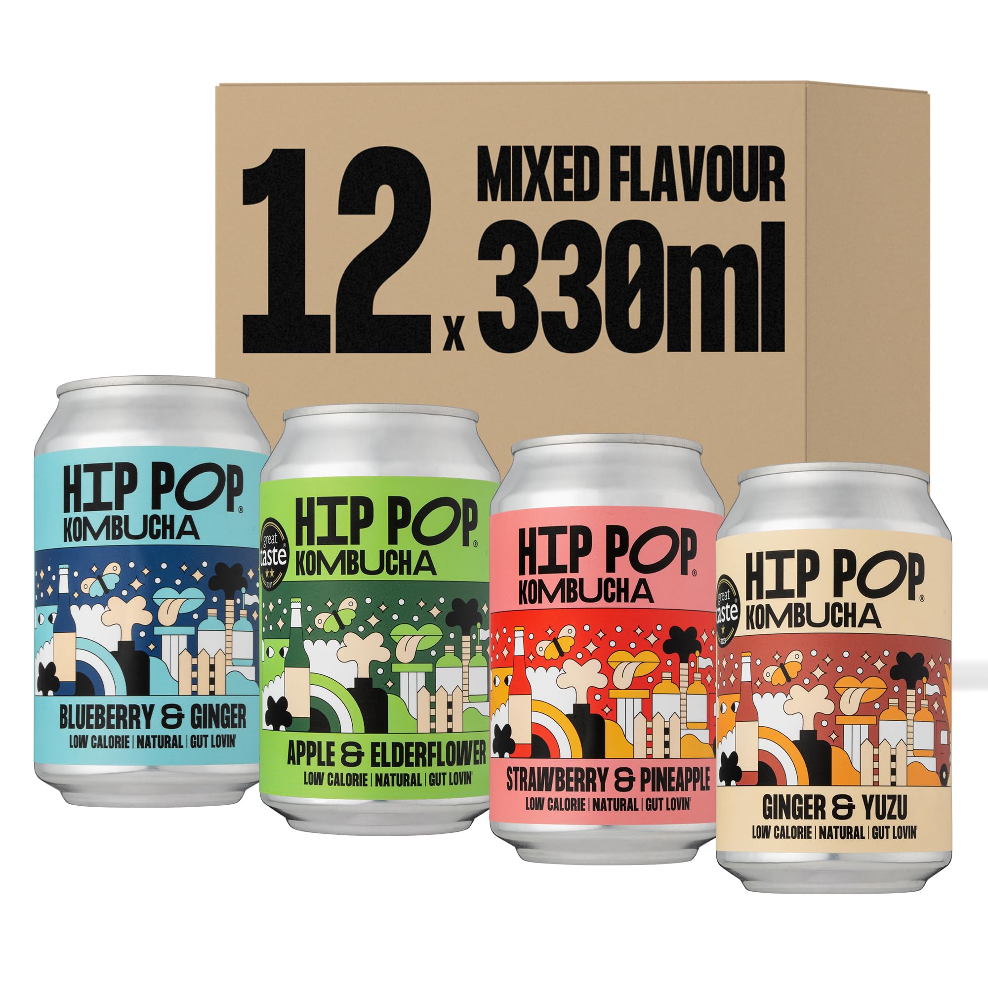 Hip Pop Kombucha, Mixed Flavour Case, Low Calorie, 100% Natural, Vegan, 12 x 330 ml