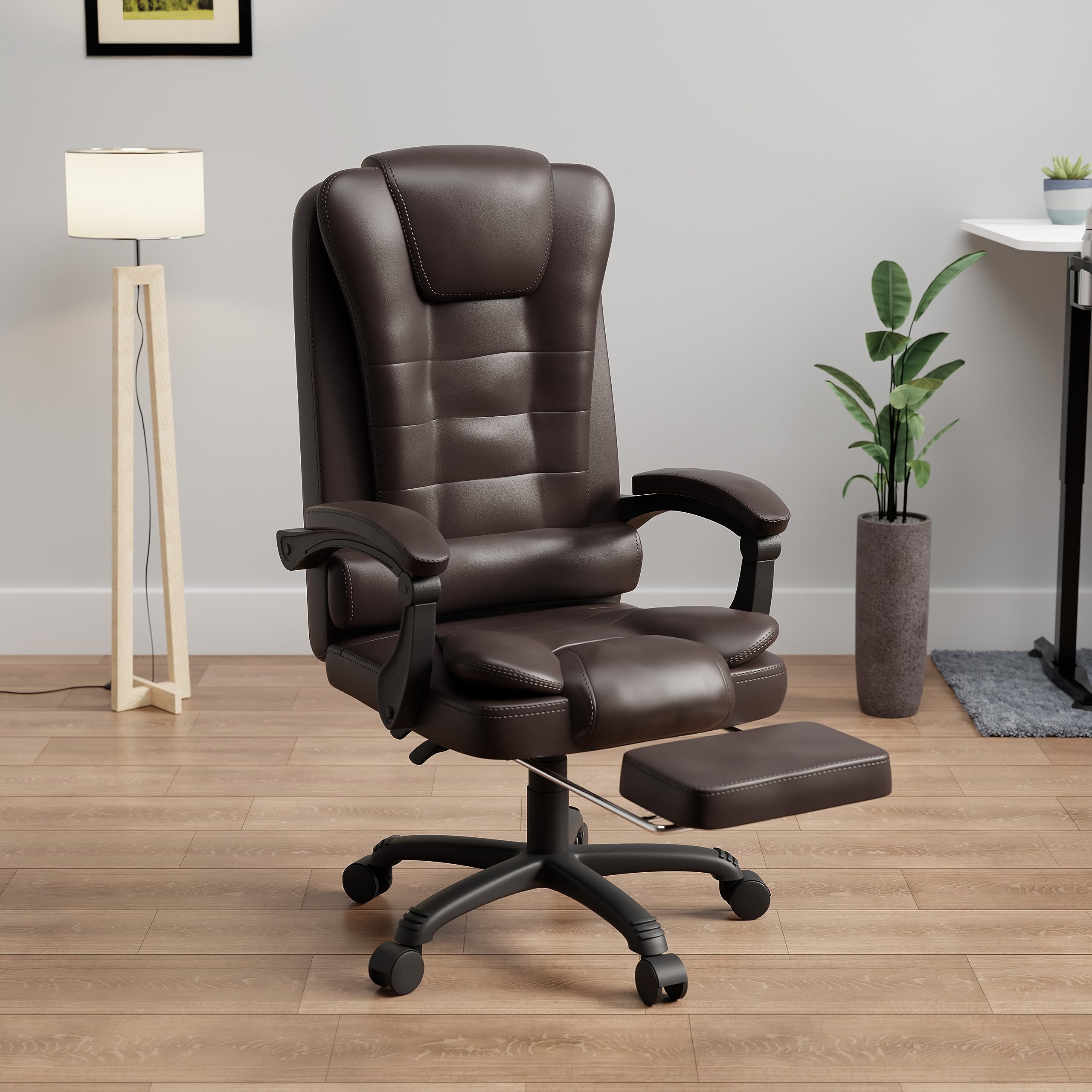 Green SoulUrbane Premium Leatherette Office Chair, High Back Ergonomic Home Office Executive Chair with Spacious Cushion Seat, Footrest & Heavy Duty Nylon Base (Brown)