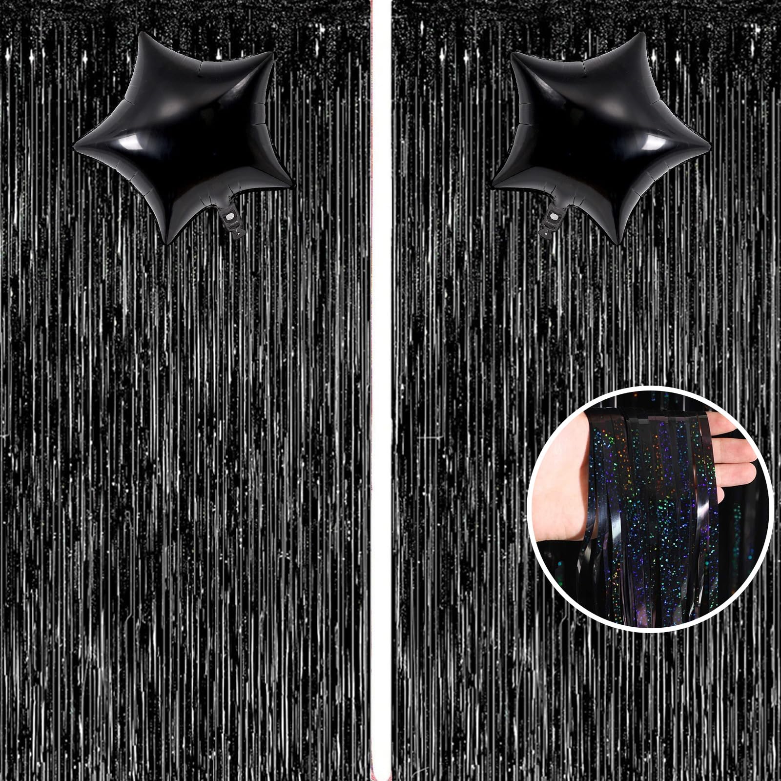 2Pcs Black Glitter Fringe Curtains Party Decorations and Black Foil Star Balloon Metallic Black Tinsel Foil Fringe Curtain Holiday Photo Foil Curtain Backdrop for Birthday Bachelorette Party Supplies