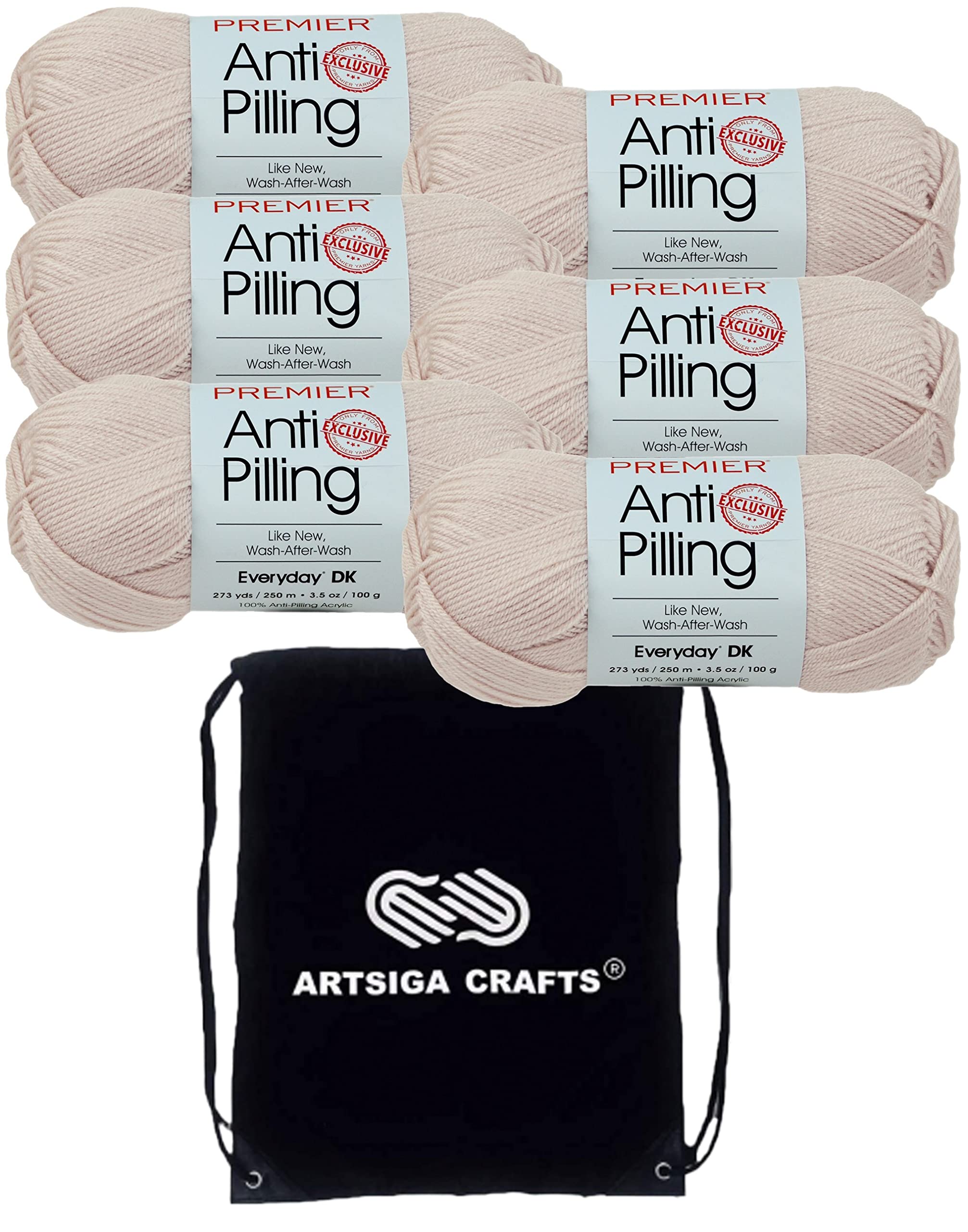 Premier Yarns Anti-Pilling Everyday DK Solids Linen 1107-19 (6-Skein) Same Dyelot DK Light Worsted #3 Soft Knitting Yarn 100% Anti-Pilling Acrylic Bundle with 1 Artsiga Craft Bag