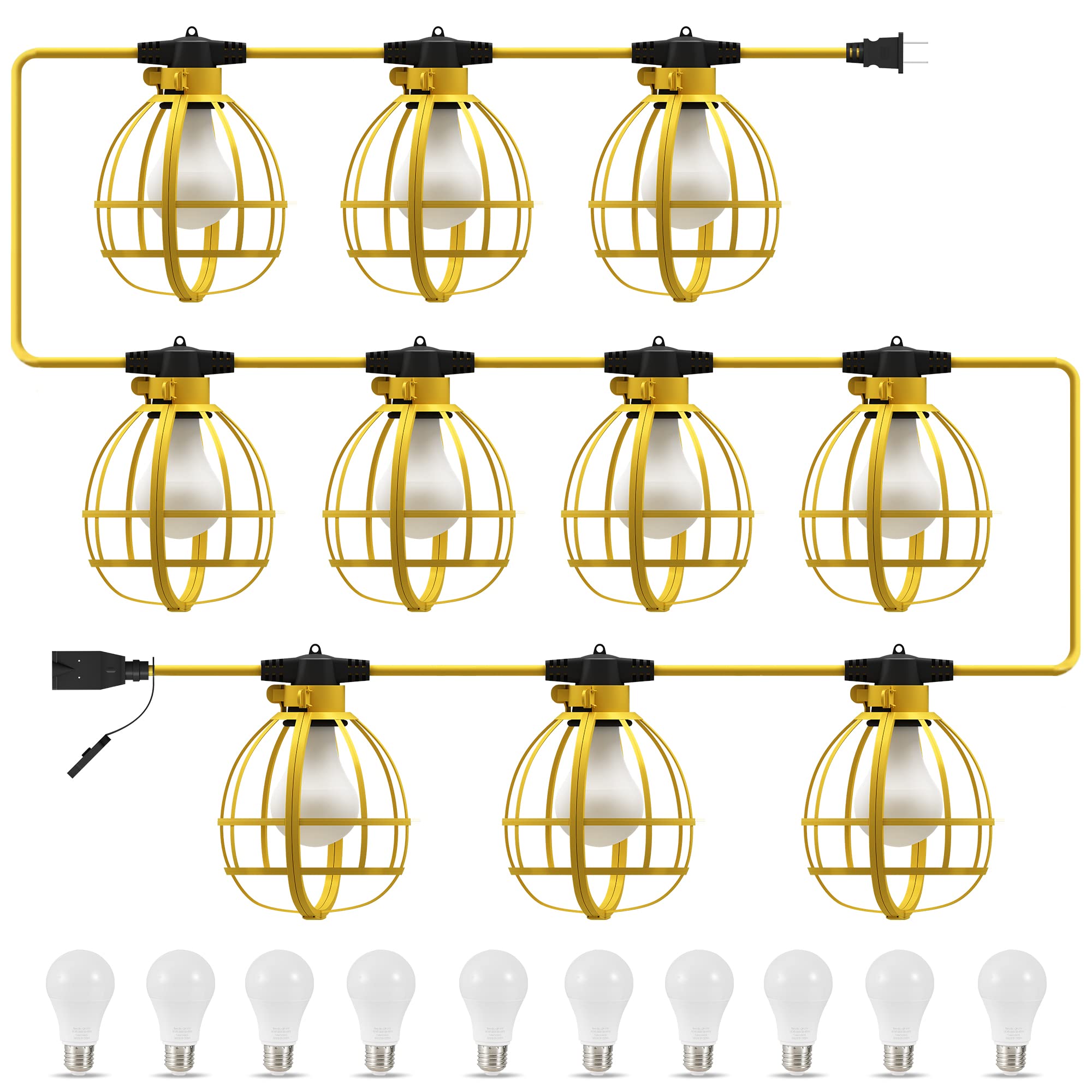 LEDIARY 100FT Construction String Lights, 10 Bulbs 100W 10500LM String Work Lights with 10 Medium Base Sockets, Linkable Jobsite Lights, Weatherproof Temporary Lighting Indoor&Outdoor- UL Listed