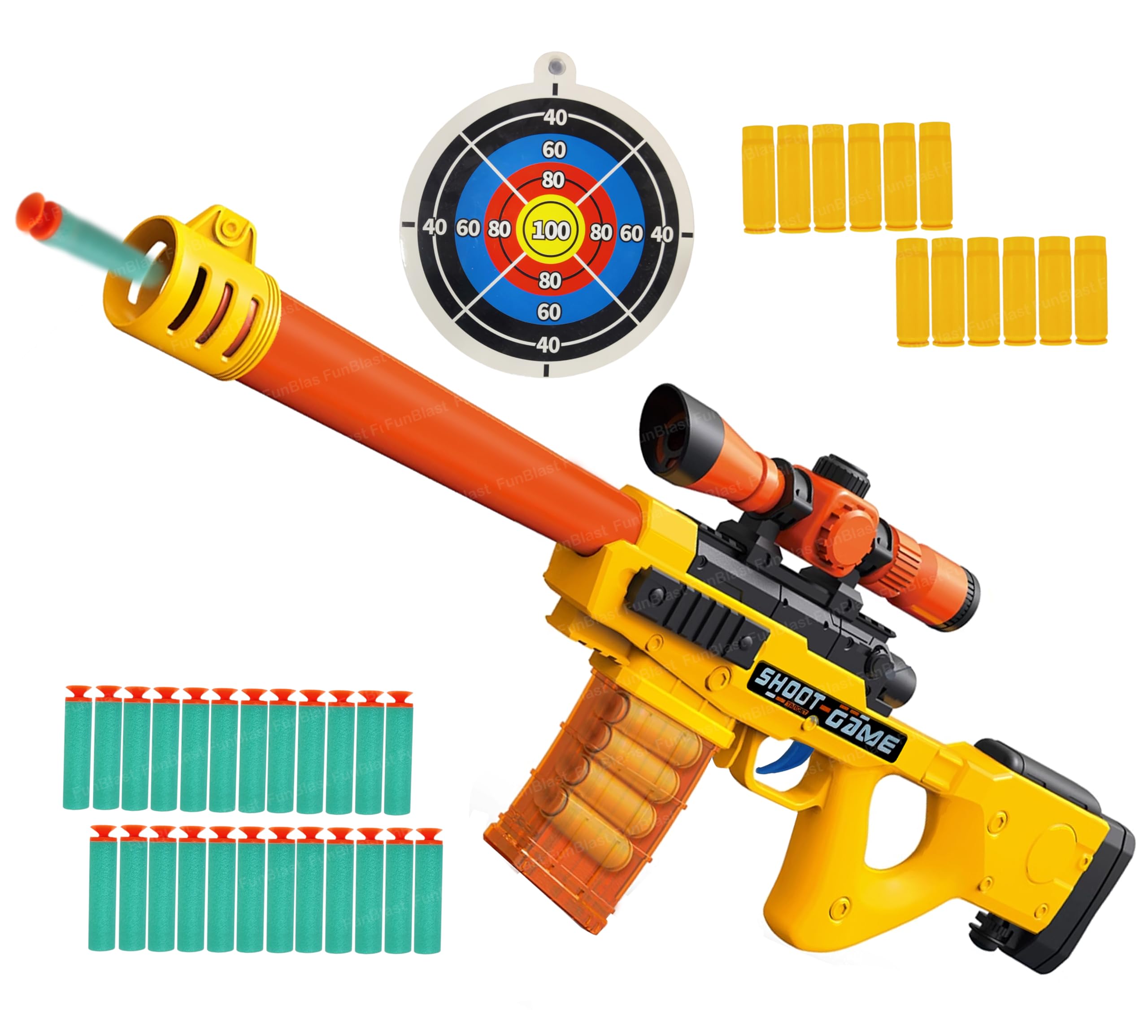 FunBlast Sniper Riffle Toy Gun - Target Shooting Gun Toy with 24 Foam Bullets and 10 Cartridge Case, Pretend Play Toys for Kids, Role Play Toys for 3+ Years Boys Girls Children