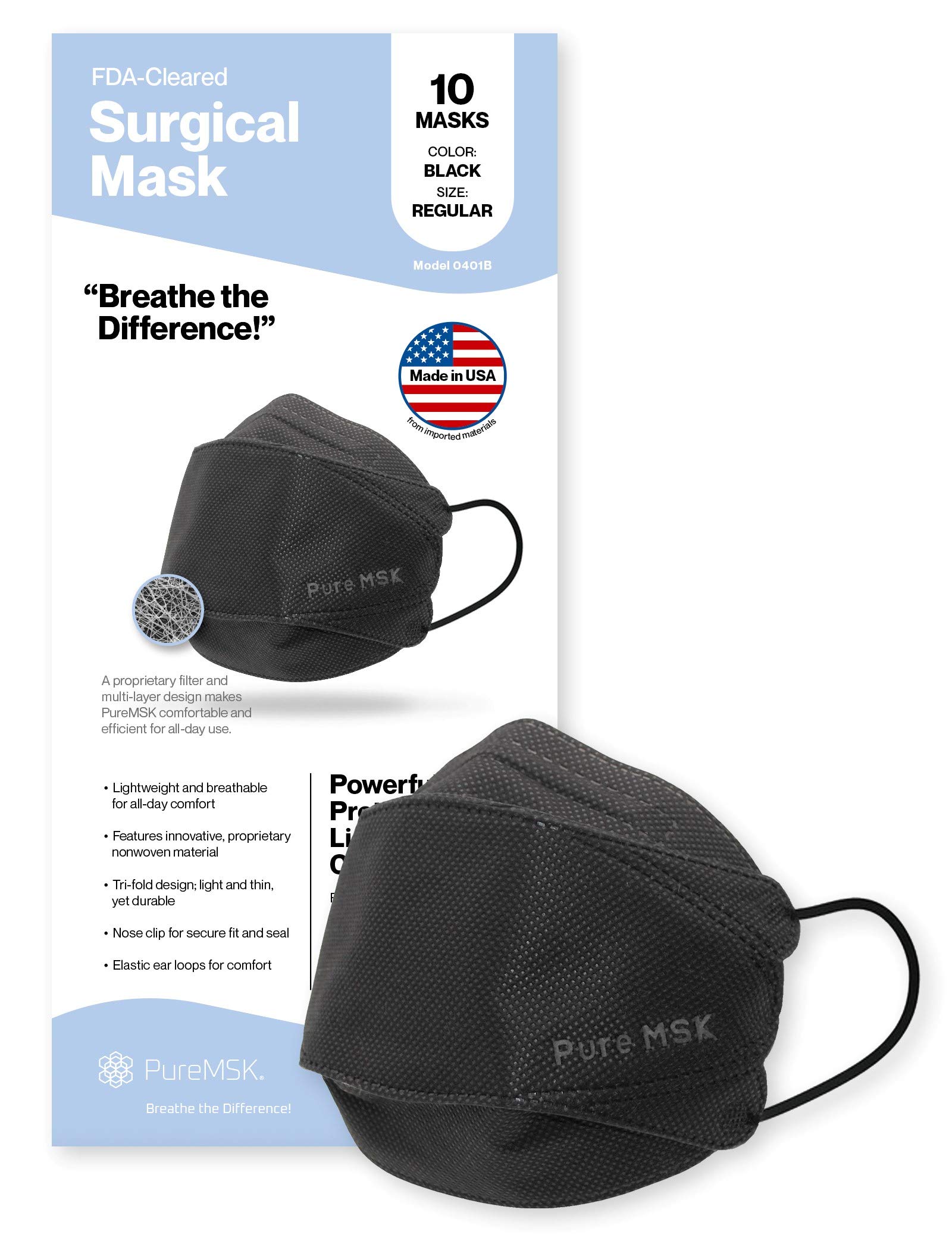 Trifold Disposable Mask - Made in the USA - Light Weight Easy Breathing Material - Adult Size - 10 Pack - Black