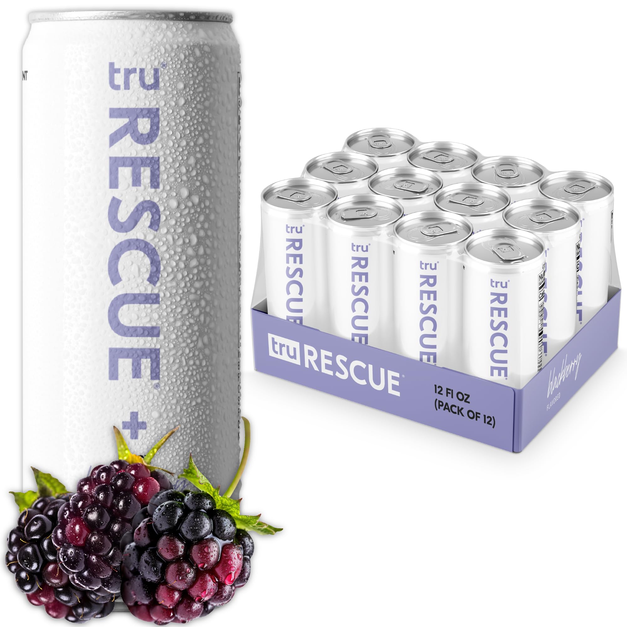 TruRescue Seltzer, Hydration Detox Drinks with Electrolytes, Blackberry Fruit Juice Flavored Sparkling Water, Caffeine Free, Kosher, Gluten Free, Vegan, Low Calories, No Sugar Added Beverages, 12oz (Pack of 12)