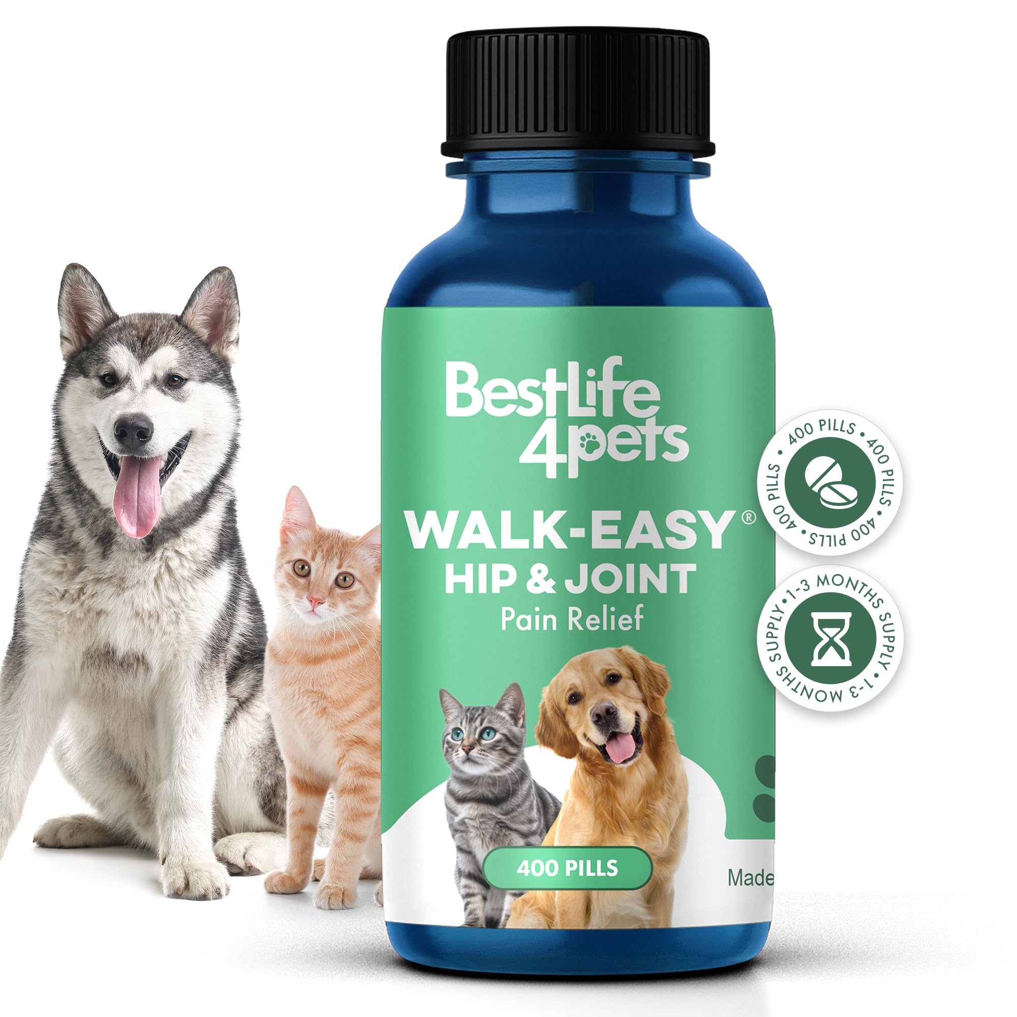 Walk-Easy Cat & Dog Joint Pain Relief - Effective Cat Pain Reliever, Anti Inflammatory & Natural Dog Hip and Joint Supplement Helps with Mobility, Limping, Hip Dysplasia, & ACL Tear - 400 Small Pills