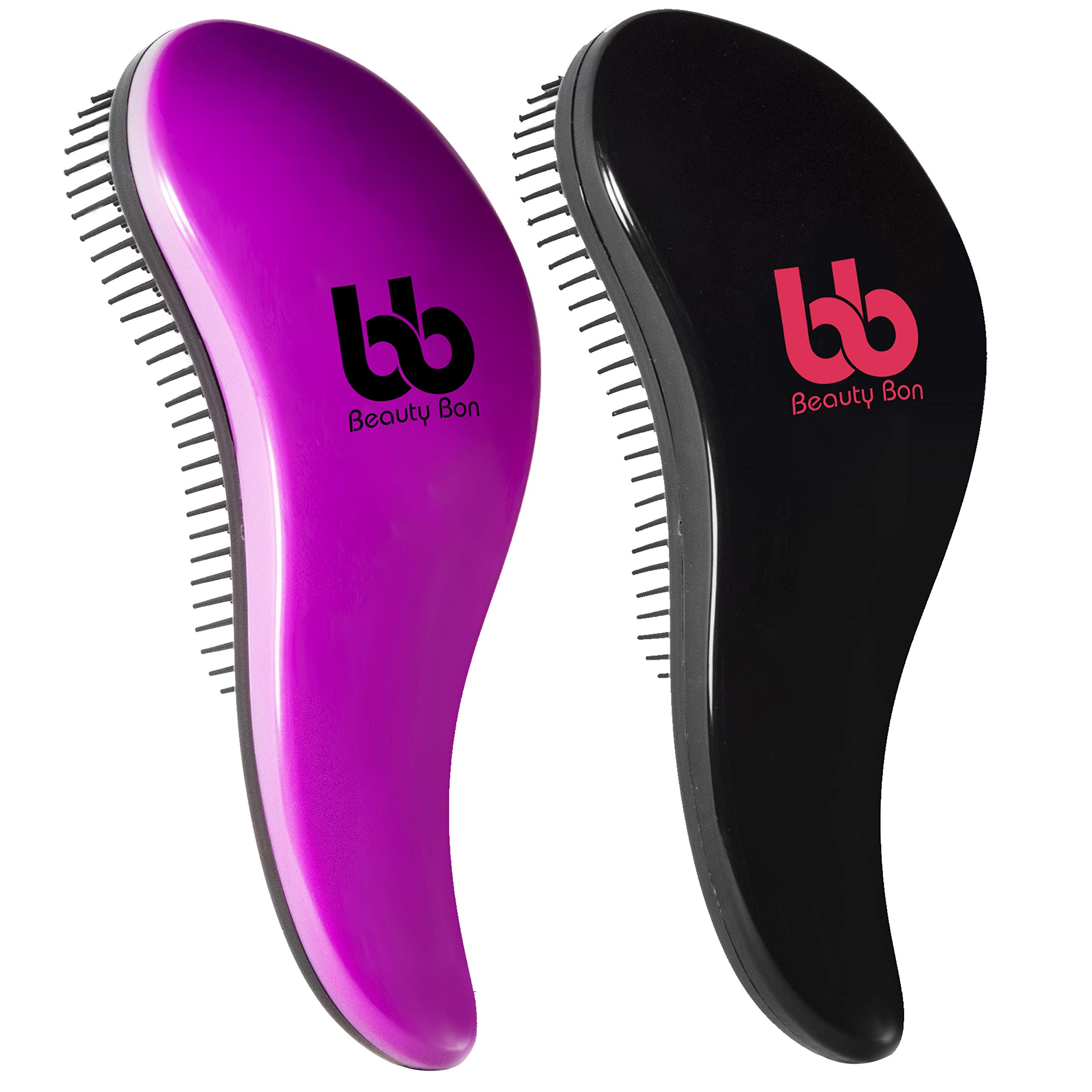 Detangler Hair Brushes Set of Two - Women Men Kids Hairbrush Teezer Comb No Pain Detangling Hair Brush For Curly Straight Wavy Wet & Dry Thick or Thin Tangle Two Piece Sets (Purple & Black)