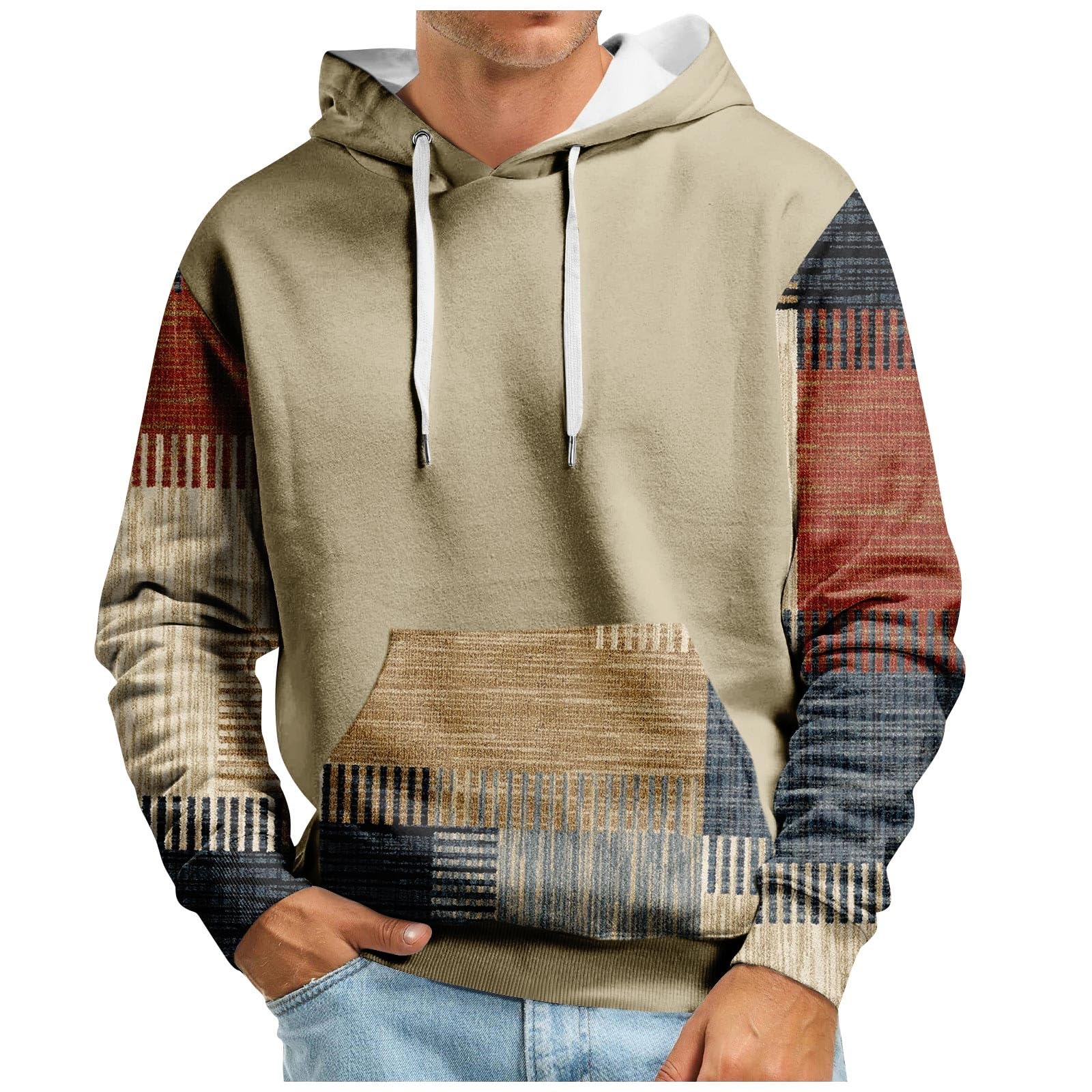 GenericMen's Patchwork Color Block Hoodies Plaid Graphic Pattern Print Sweatshirts Casual Loose Hooded Pullover Tops