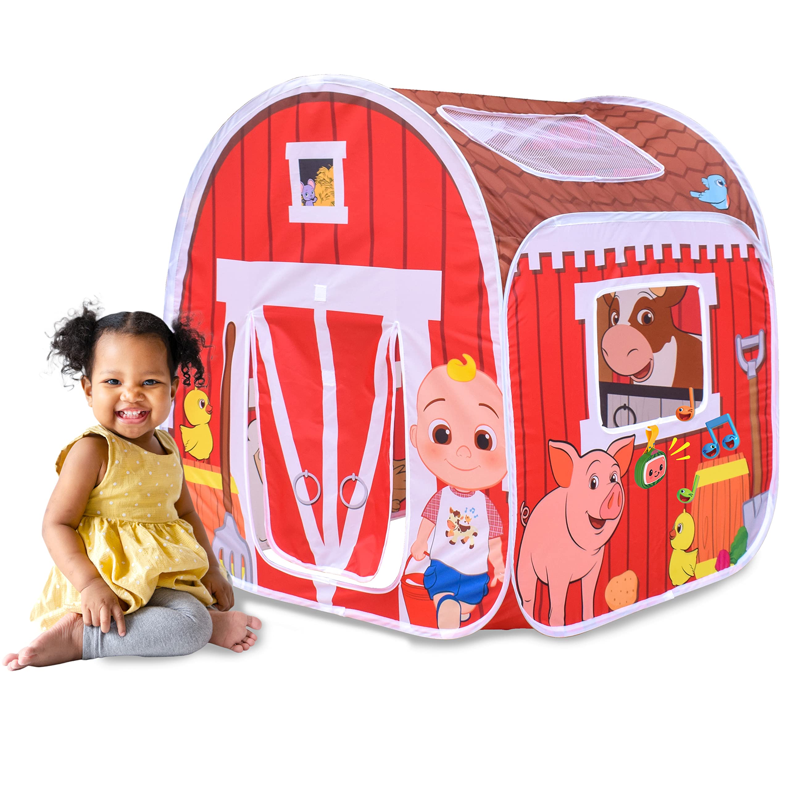 Sunny Days EntertainmentCoComelon Old MacDonald's Musical Barn Pop Up Tent – Easy to Setup Playhouse for Kids | Plays Music, Roll Up Door and Mesh Windows