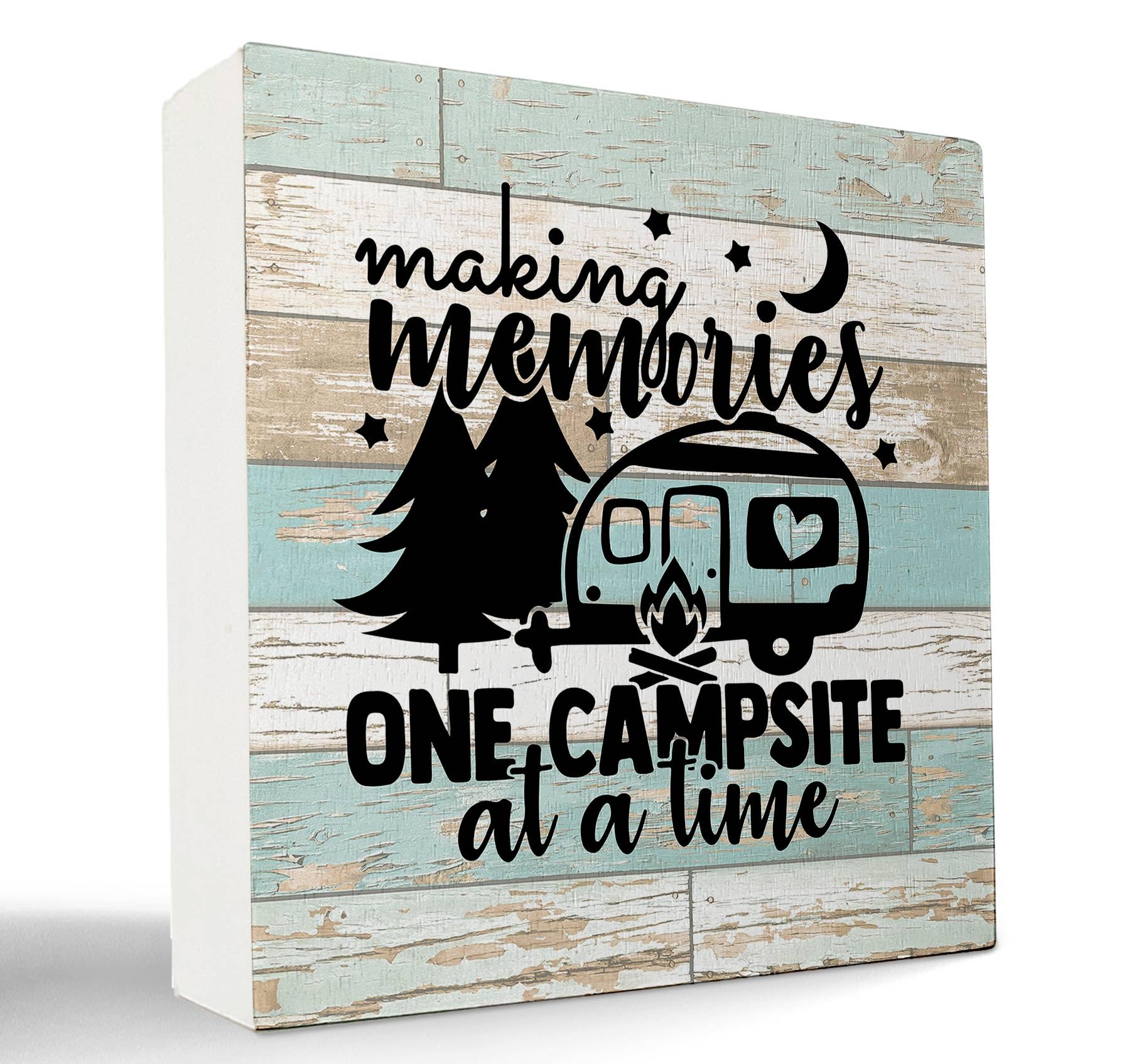 kunlisa Making Memories One Campsite at a Time Wooden Box Sign Desk Decor,Rustic Camping Wood Block Plaque Sign for Campsite RV Wall Shelf Tabletop Decoration,Campers Camping Lovers Adventurers Gifts