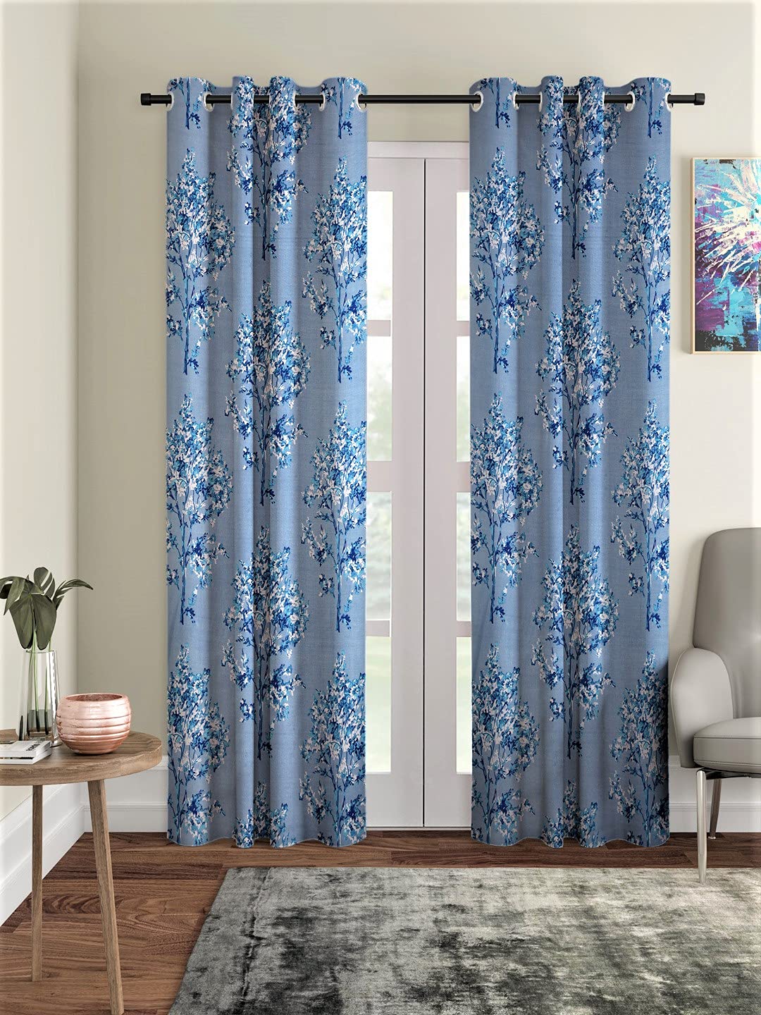 Fashion String Polyester Blossoms Eyelet Door Curtains (7 Feet, Blue, Pack of 2 Piece, Eyelet, String, Washable), Floral