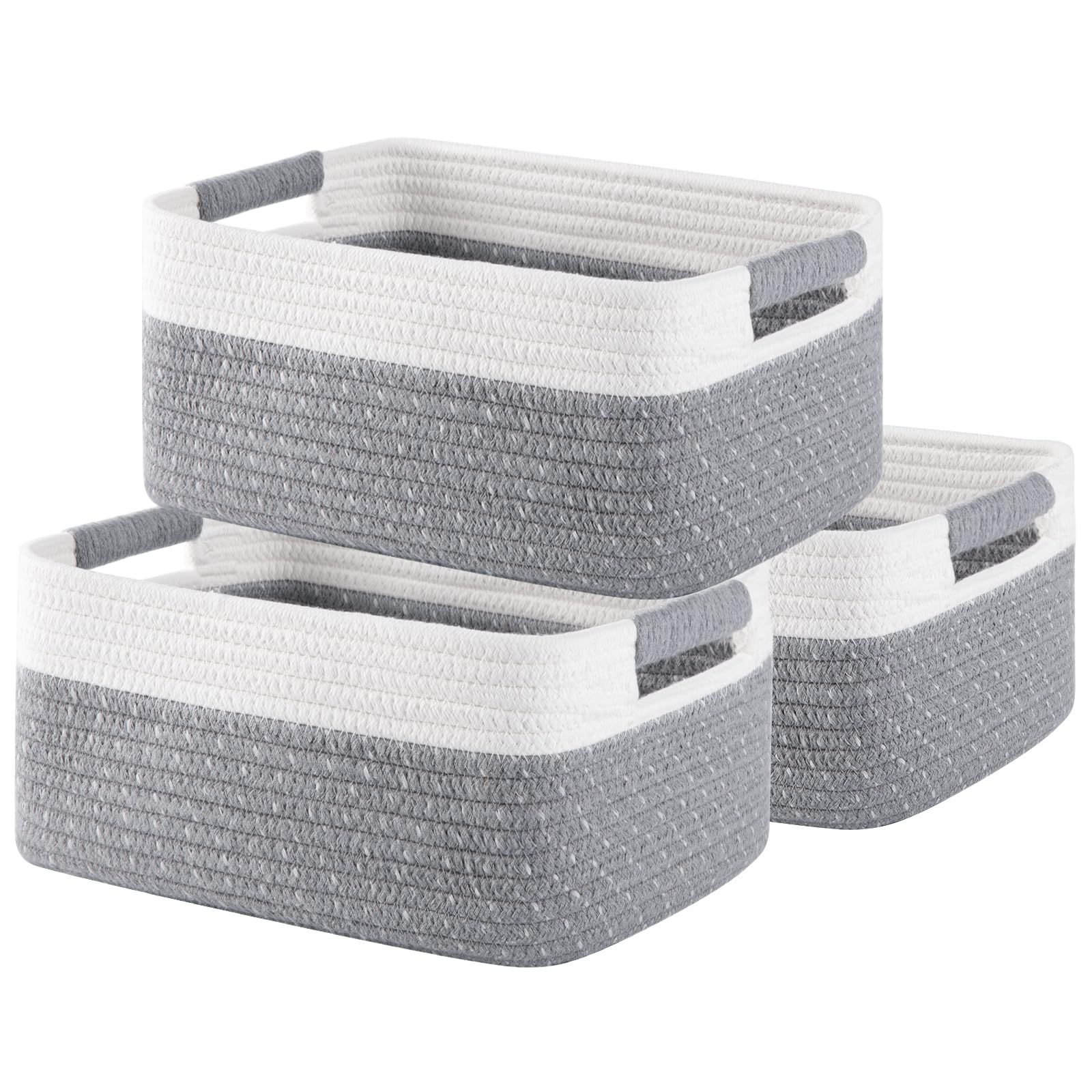 OIAHOMY 12.8x9x5.5in Woven Baskets for Storage, Storage Baskets for Shelves, Cotton Rope basket set of 3, Decorative Storage Baskets, Rectangle Basket With Handles, Grey and White