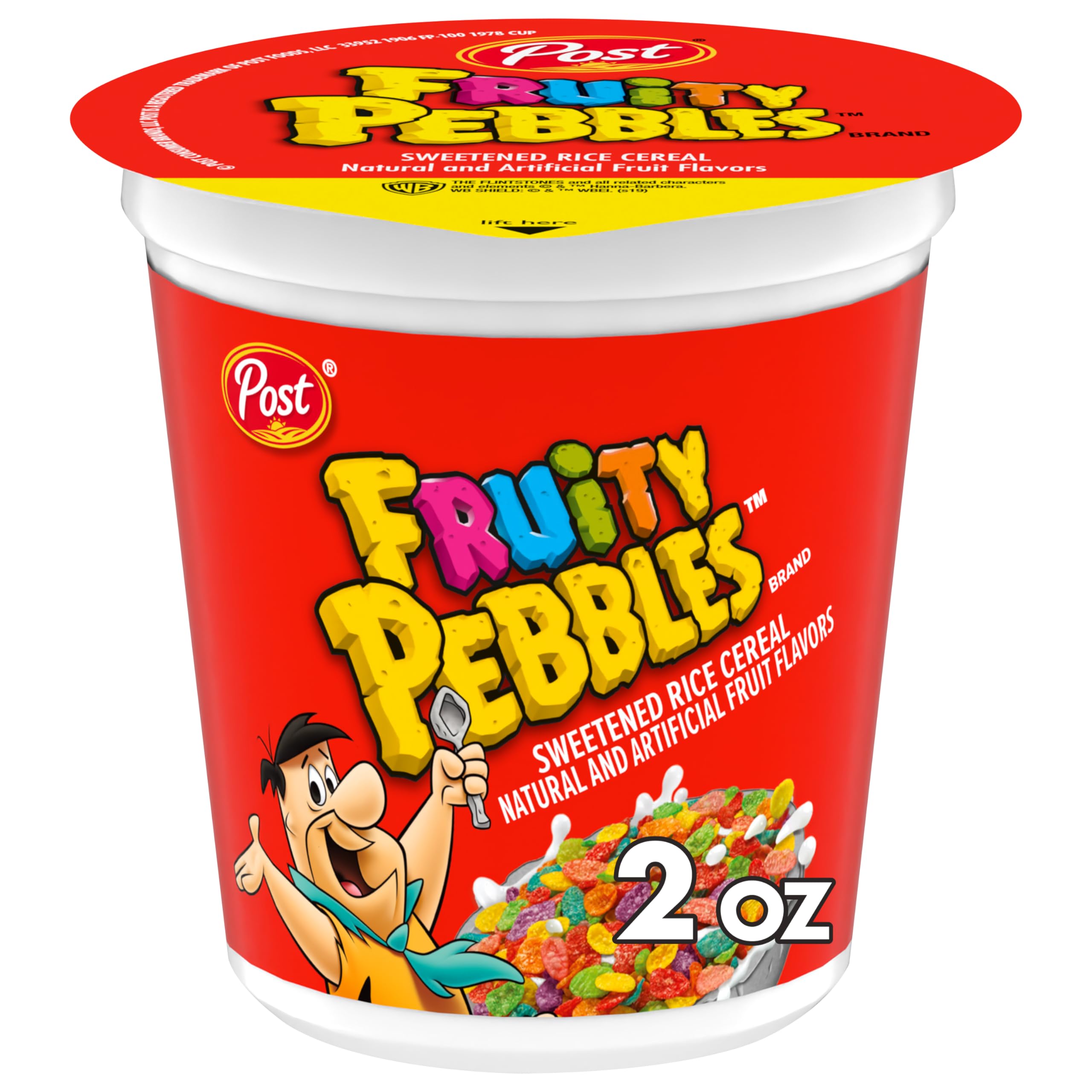 Post Fruity PEBBLES Cereal, Fruity Kids Cereal, Gluten Free Rice Cereal for Kids, 2 OZ Individual Cereal Cup