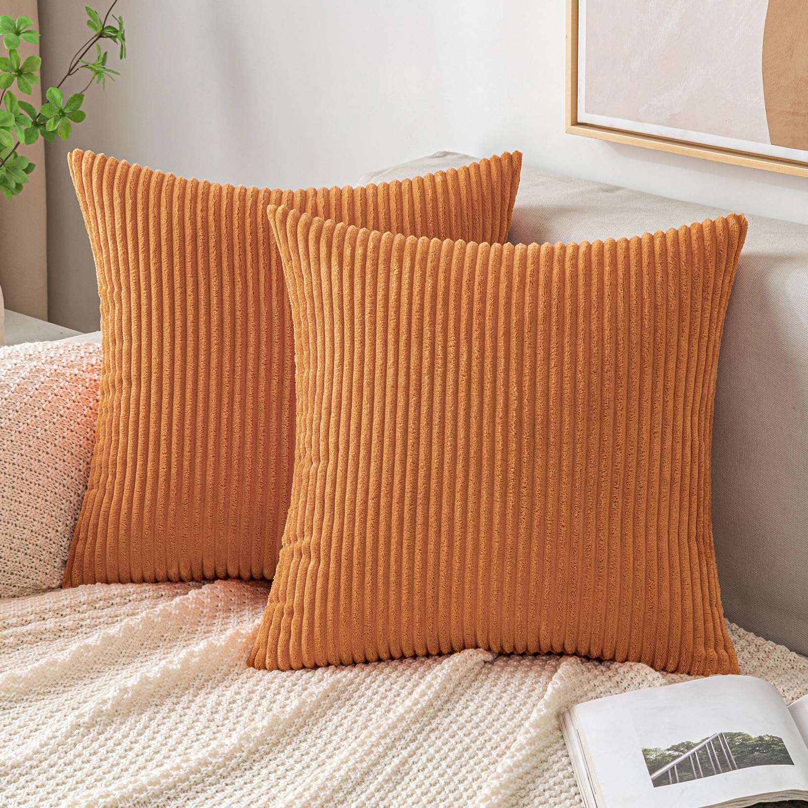 EMEMA Fall Burnt Orange Throw Pillow Covers Corduroy Decorative Soft Striped Square Cushion Covers Spring Pillowcases for Couch Sofa Bedroom Chair Car 18x18 Inch Set of 2