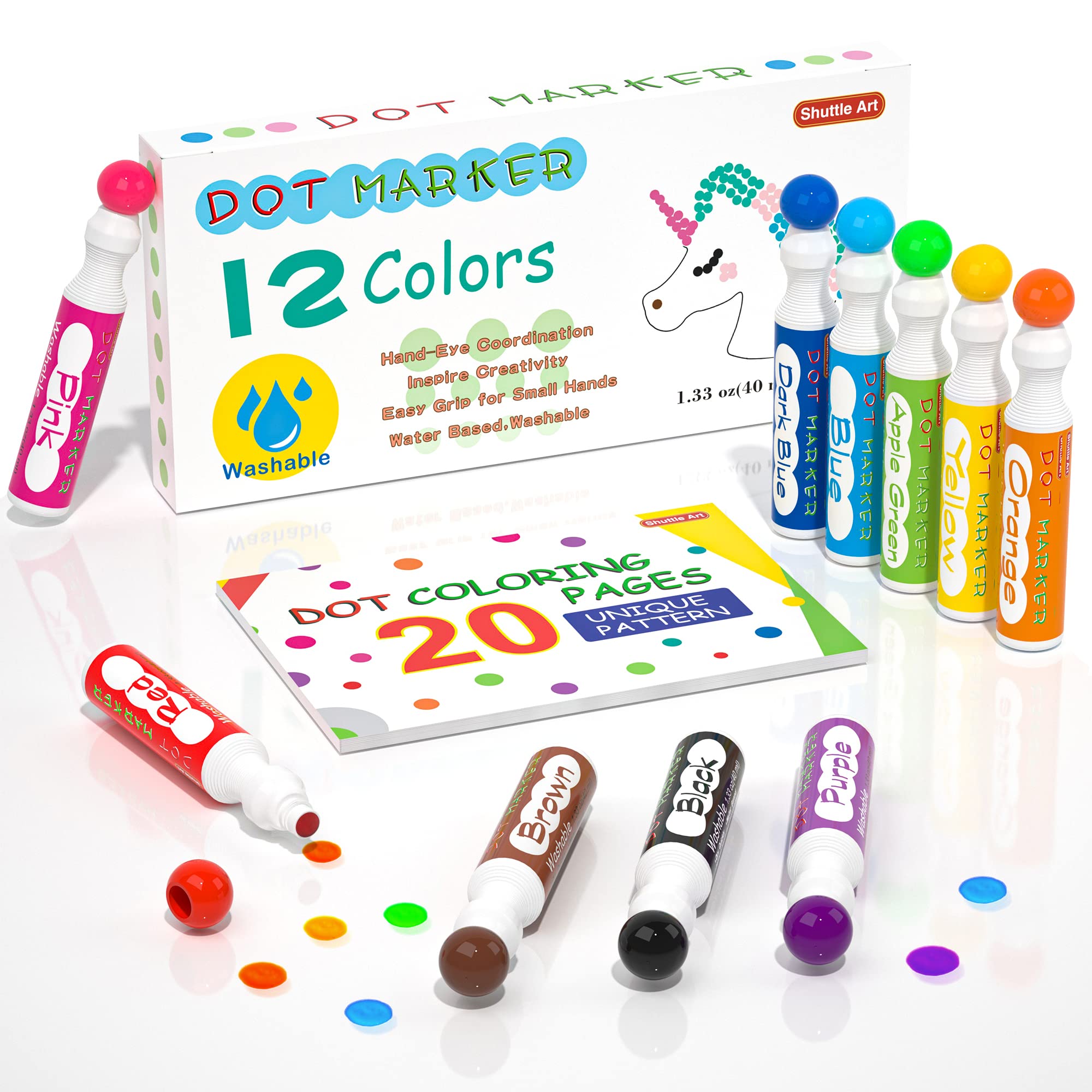 Shuttle Art Dot Makers, 12 Colors Bingo Daubers with 20 Unique Patterns of Dot Book for Toddler Art Activities, Non-Toxic Washable Coloring Markers for Preschool Kids Learning