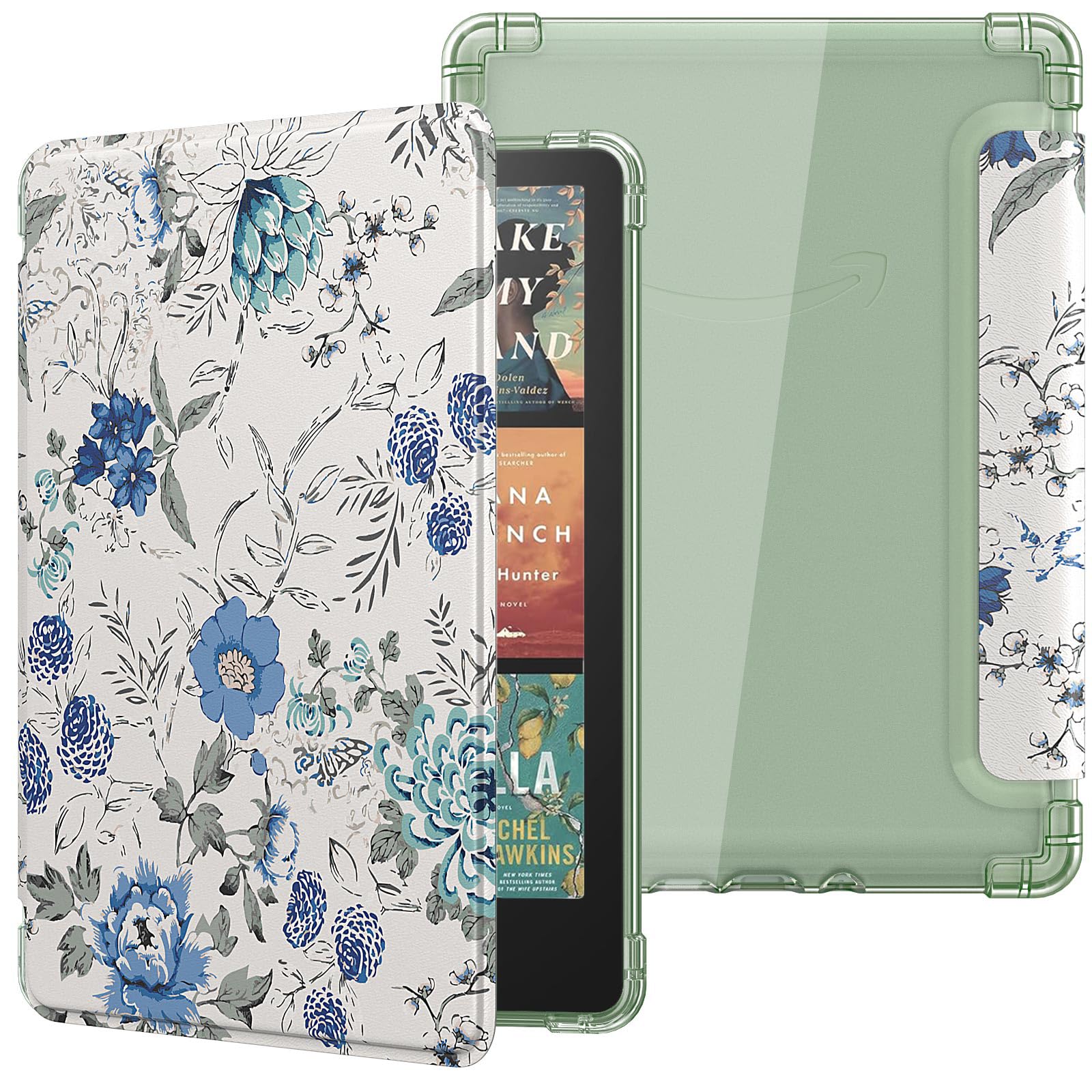 MoKo Case for All-new 7" Kindle Paperwhite 12th Gen 2024&Kindle Colorsoft Signature Edition 2024,Ultra Clear Soft Flexible Transparent TPU Back Cover Light Shell with Auto Wake/Sleep,White Blue Floral