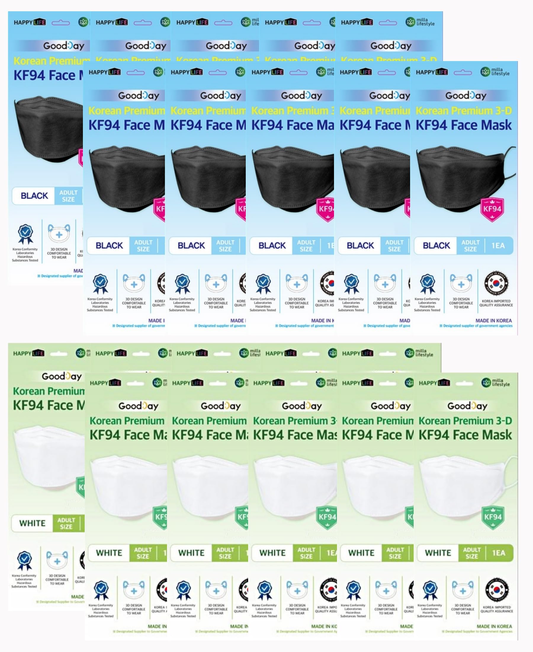 (Pack of 20) (10PCS BLACK,10PCS WHITE Combo set) [Good day] Premium 3D Disposable BLACK AND WHITE KF94 Face Mask, Protective Covering Dust Mask, Individual Packs, Made in Korea.