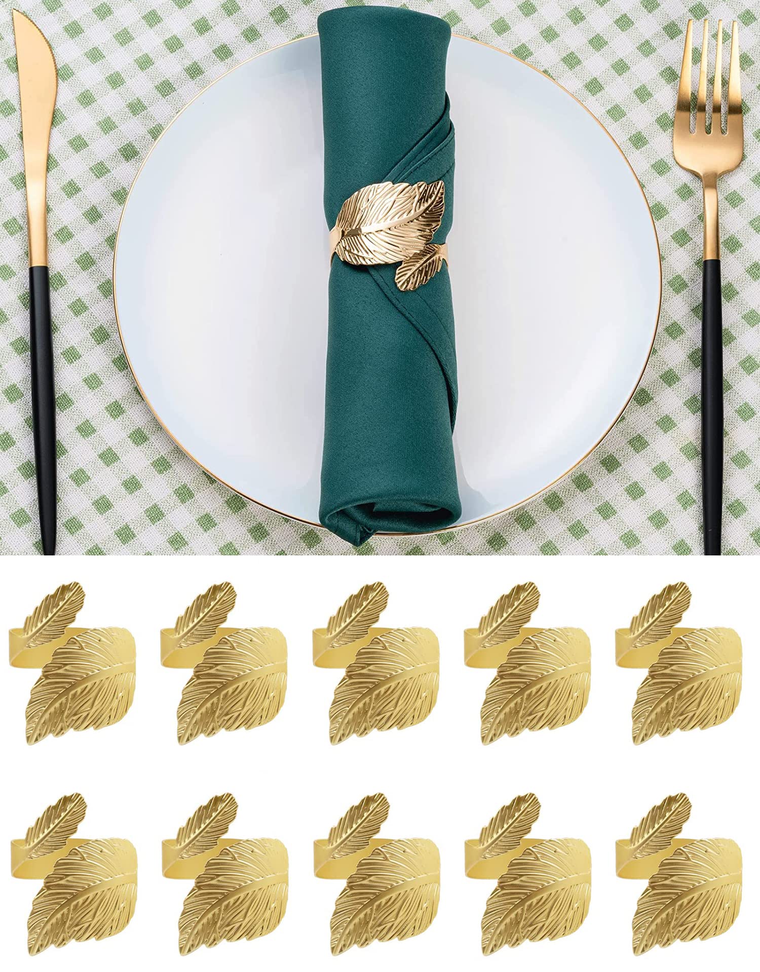 Sweet seven Gold Leaf-Shaped Napkin Rings Set of 10, for Elegant Table Settings, Holiday Napkin Holders Perfect for Anniversaries, Birthdays, Fall, Halloween, Thanksgiving, and Party Table Setting