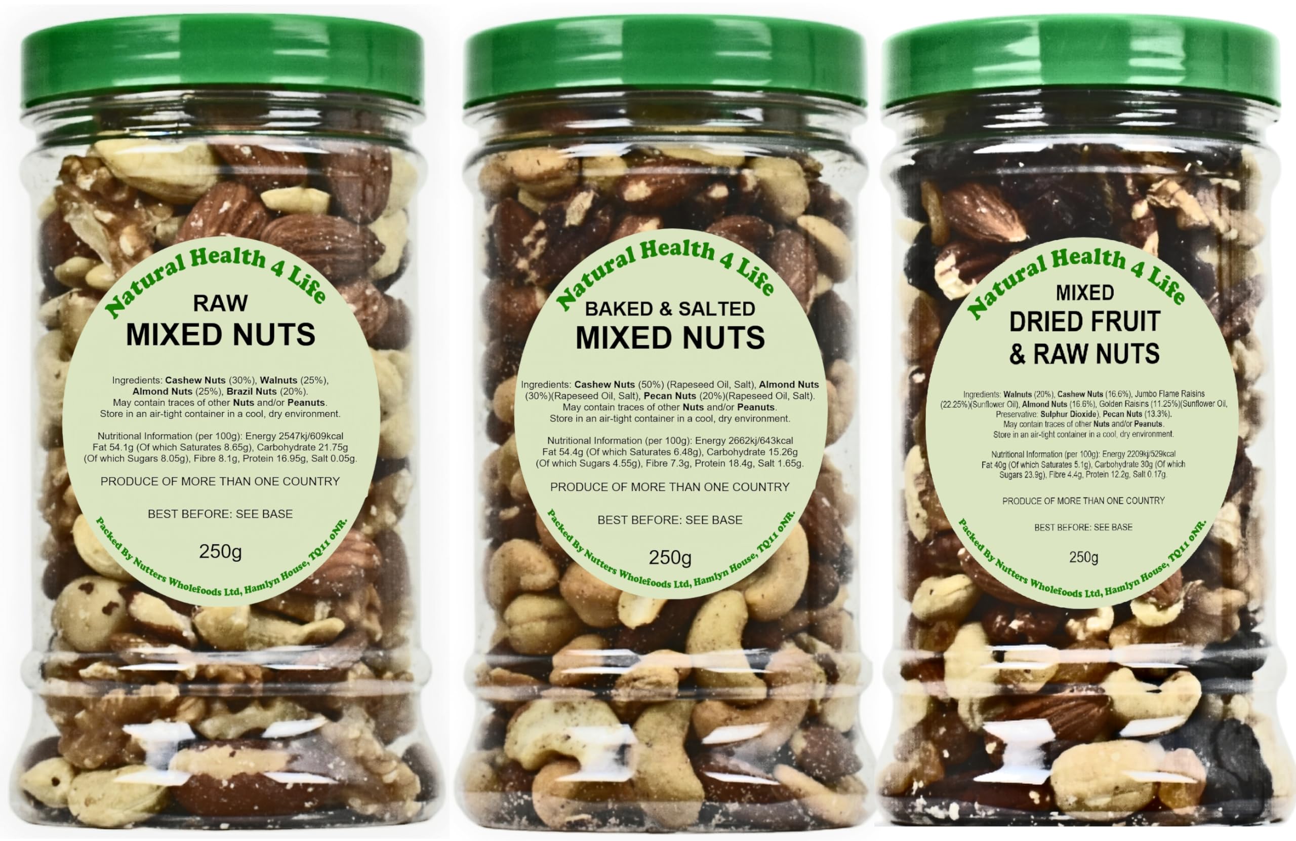 Natural Health 4 LifeSnack Nuts 3 Spiral Jar Set Mixed Nuts, Salted Mixed Nuts, Fruit and Nut 3 = 775 g in PET Gift Jars (3 Jars)