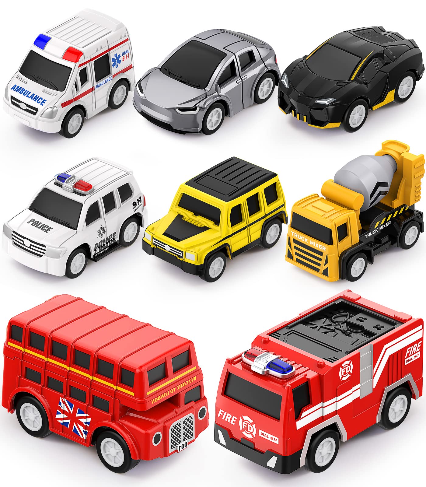 Geyiie Small Fire Truck Toys, Die Cast Mini Toys Cars Truck for Toddler Pull Push Vehicles Small Ambulance Police Cars for Boys 3 4 5 6 7 Years Old Easter Gifts