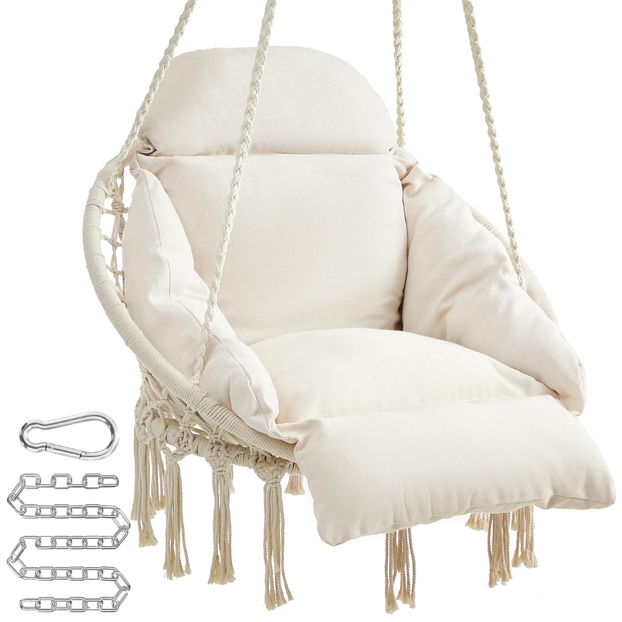 SONGMICS Hanging Chair, Hammock Chair with Large, Thick Cushion, Boho Swing Chair for Bedroom, Patio, Balcony, Garden, Holds up to 264 lb, Accessories Included, Cream White UGDC042M01