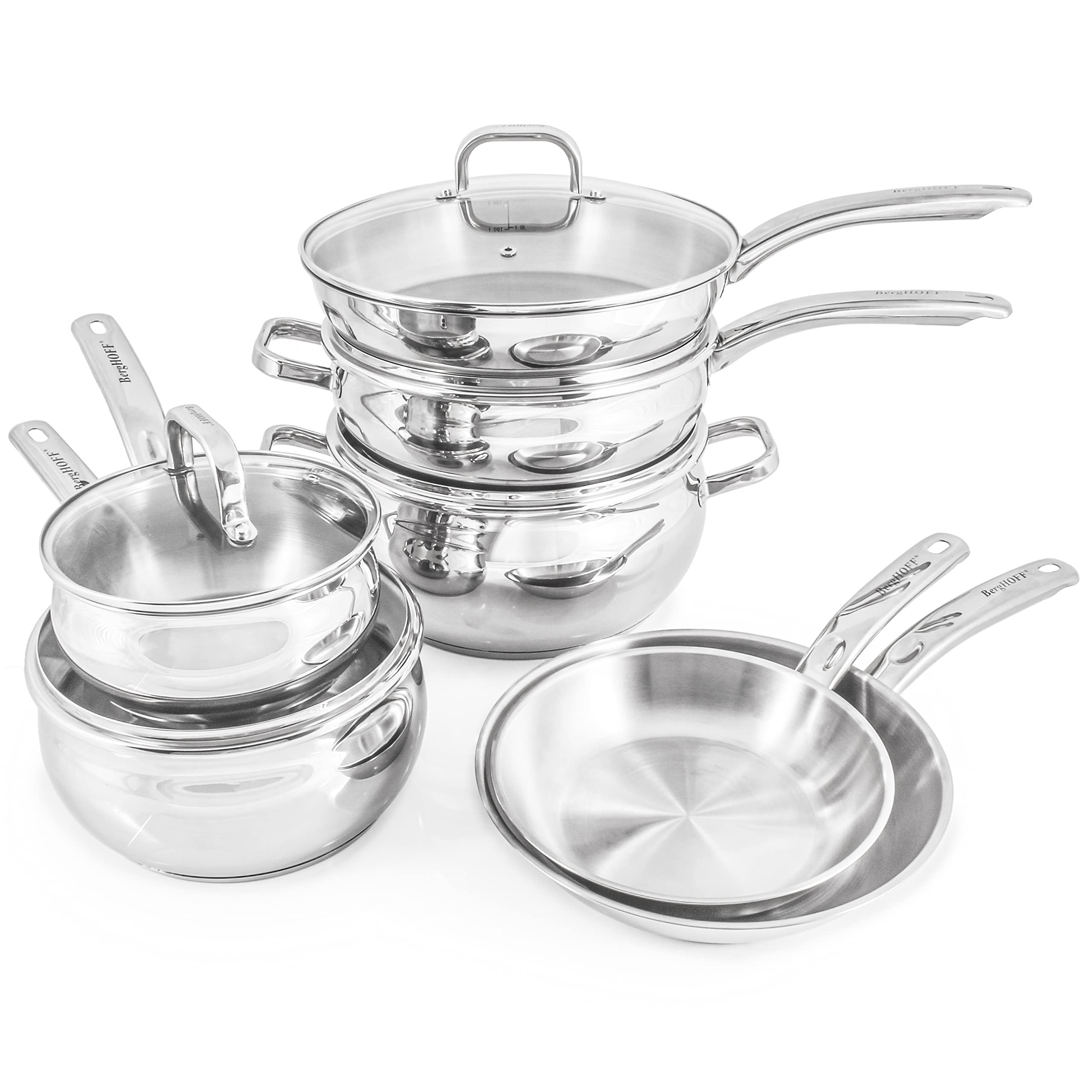 BergHOFF Belly Shape 18/10 Stainless Steel 12Pc Cookware Set, Glass Lids, Fast, Evenly Heat, Induction Cooktop Ready, Oven Safe