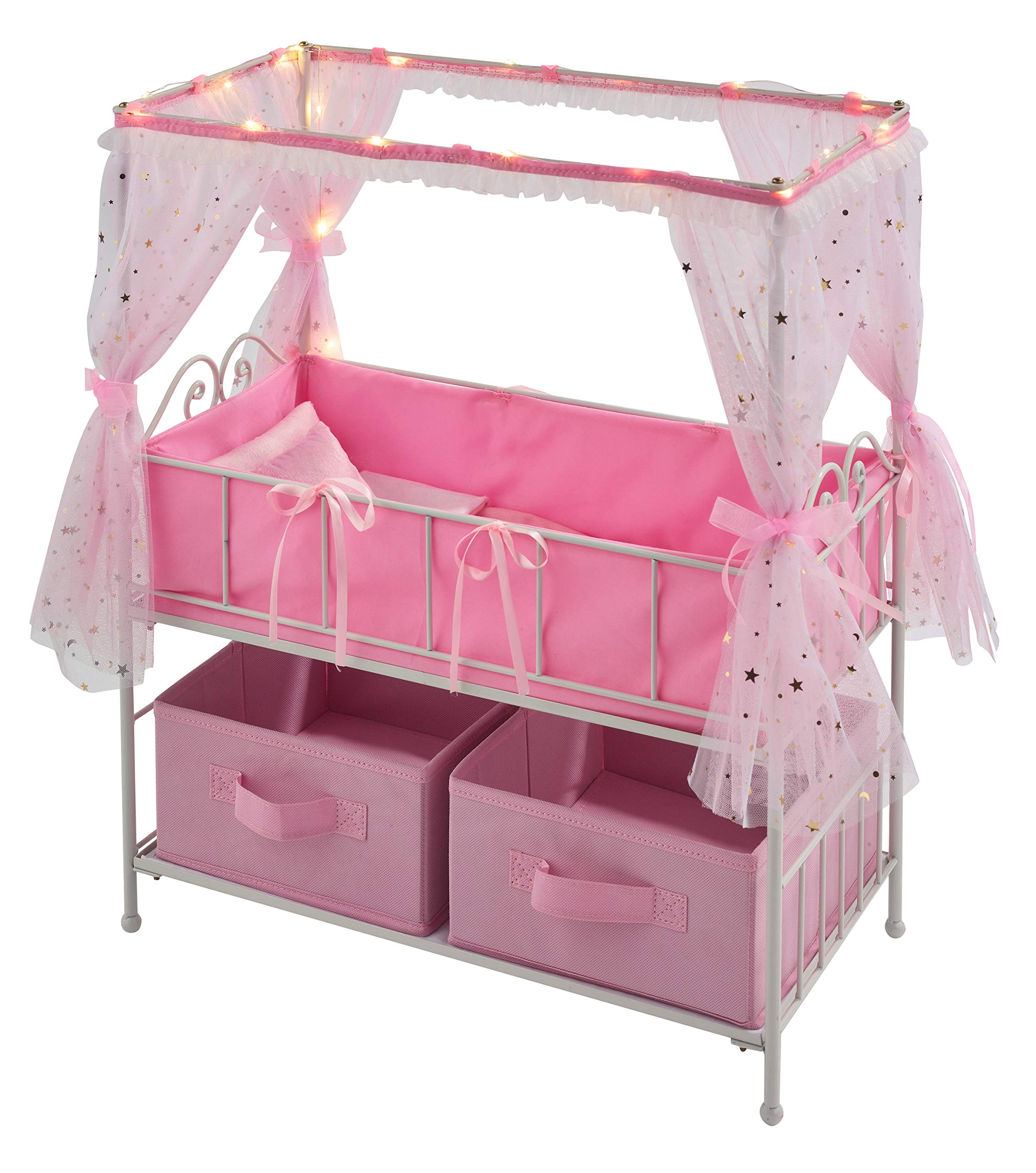 Badger BasketStarlights Toy Metal Doll Bed with Canopy, Lights, and Storage for 18 inch Dolls - Pink