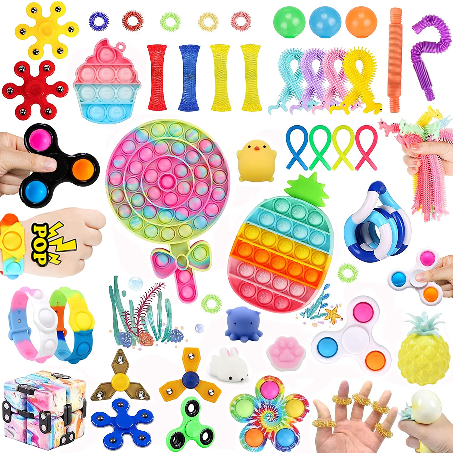 50 Pcs Fidget Toys Set Pack Cheap,Figetget toys set Pack,Sensory Relief Toys Set, Anxiety Relief Fidget Toys With Needohball Fidget Cube Fidget Spinners Stress & Sticky balls, Etc (lollipop)