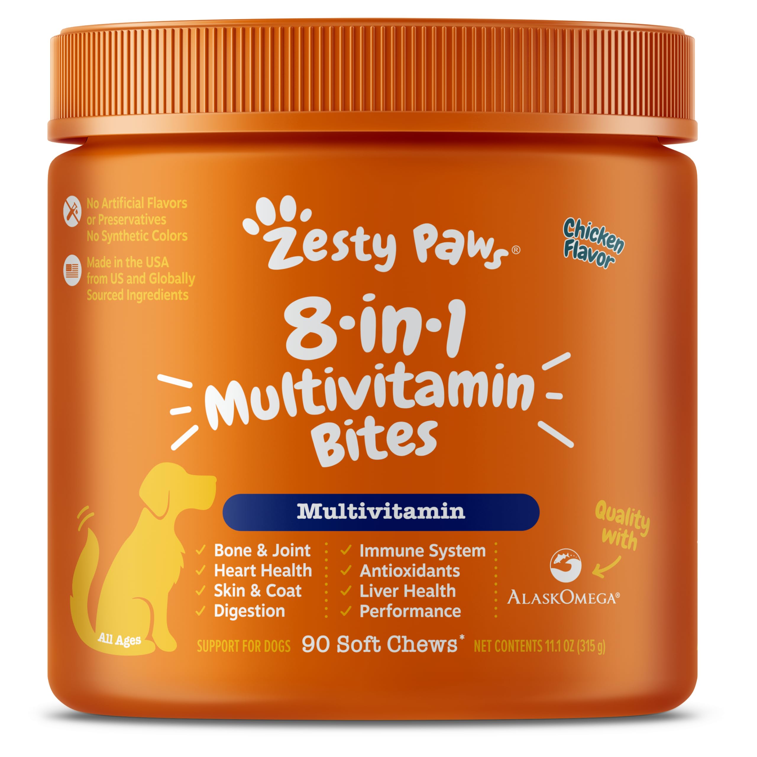 Zesty Paws Multivitamin Treats for Dogs - Glucosamine Chondroitin for Joint Support + Digestive Enzymes & Probiotics - Grain Free Dog Vitamin for Skin & Coat + Immune Health - Chicken Flavor - 90ct