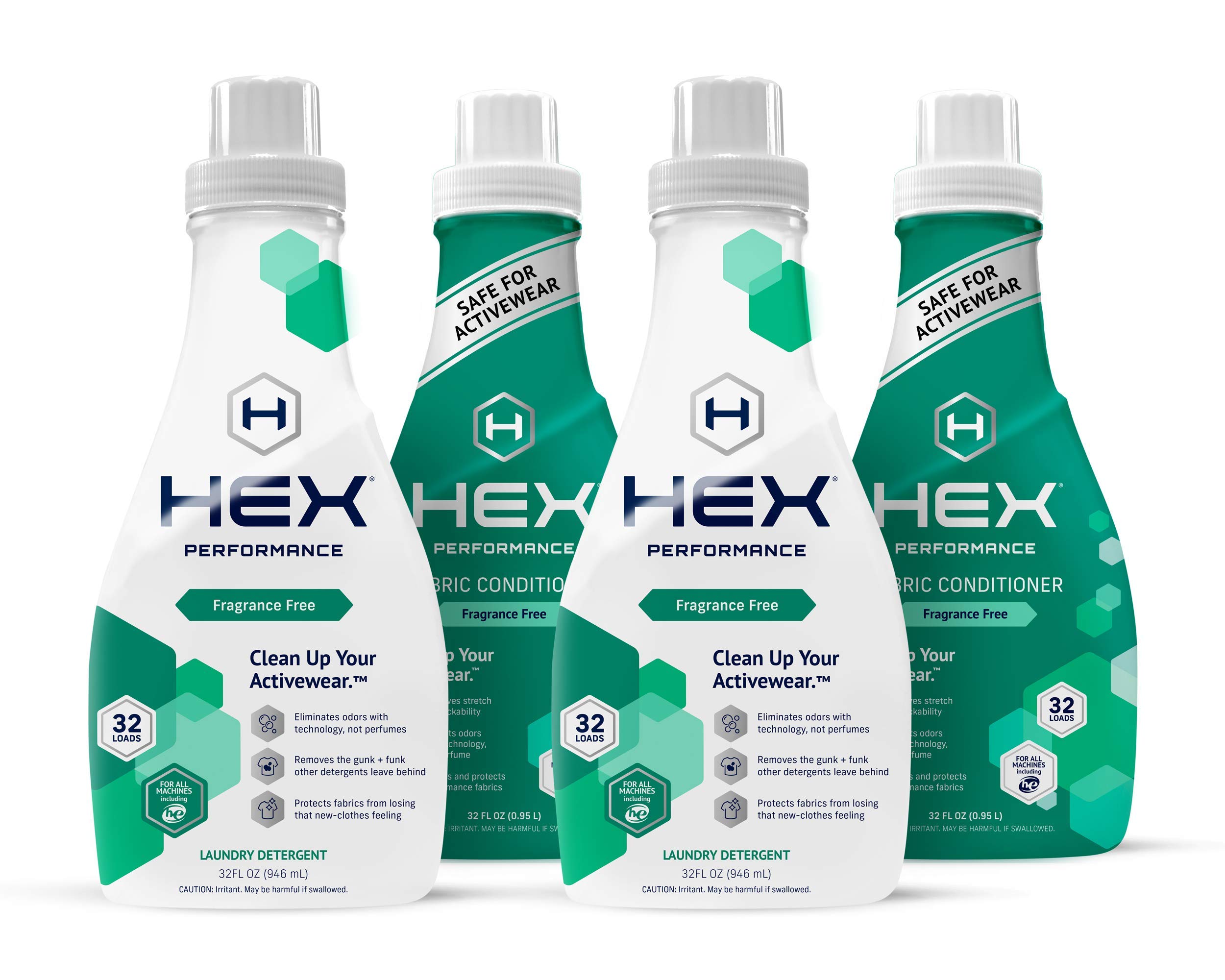 HEX Performance Laundry Detergent + Fabric Conditioner Bundle, Fragrance Free, (4 Bottles) - Designed for Activewear, Made for Sensitive Skin, Eco-Friendly, Concentrated Formula