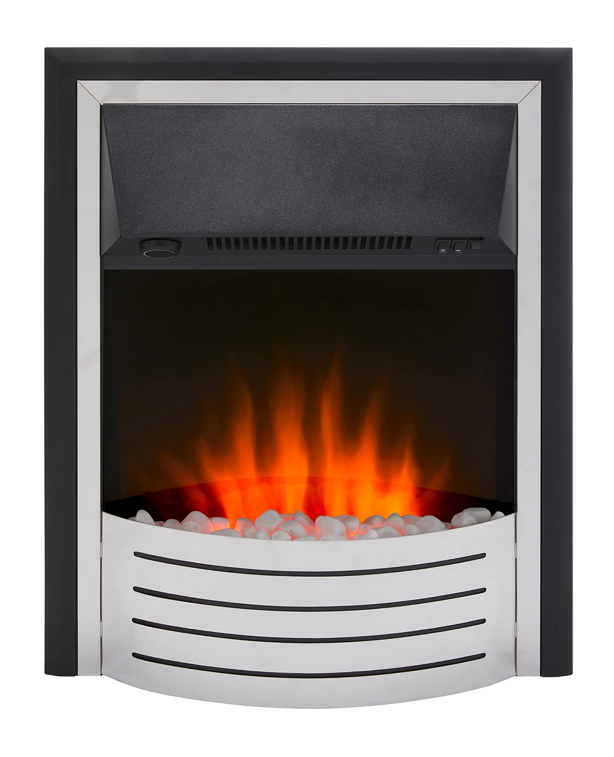 Glen Fulford Optiflame Inset Electric Fire, Contemporary Style Black and Stainless Steel LED Flame Effect Fire, 2KW Adjustable Fan Heater, Easy Fit