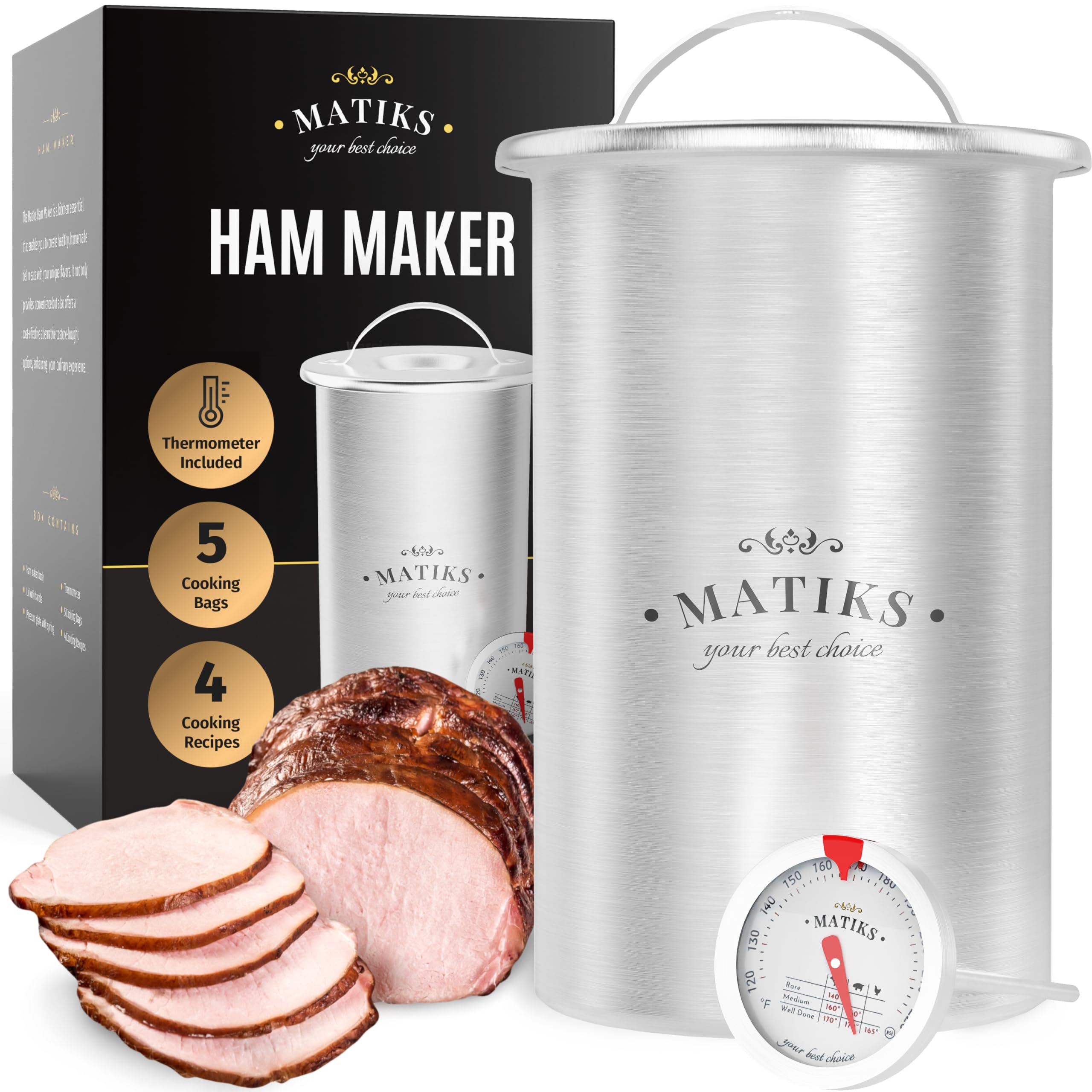 Matiks Deli Meat Press Mold for Deli Meats - Make Your Own Healthy Homemade Ham with This Stainless Steel Lunch Meat Press - Our Ham Maker Includes Bonus Meat Thermometer, Recipes and Cooking Bags