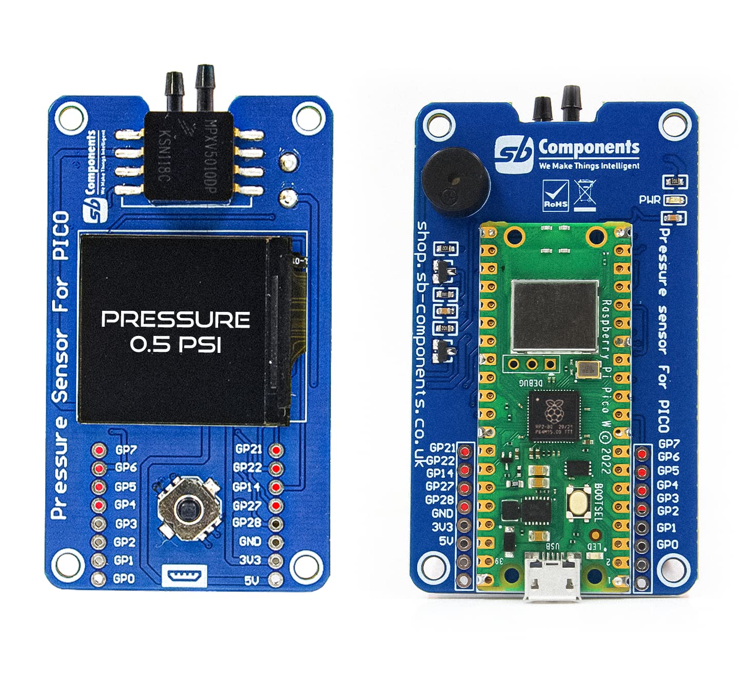 sb components Raspberry Pi Pico Pressure Sensor Board, SPI Interface MPXV5010DP Sensor Air & Liquid Silicon Pressure Sensor based on Pico W loaded with 1.3” LCD & 5-way Joystick