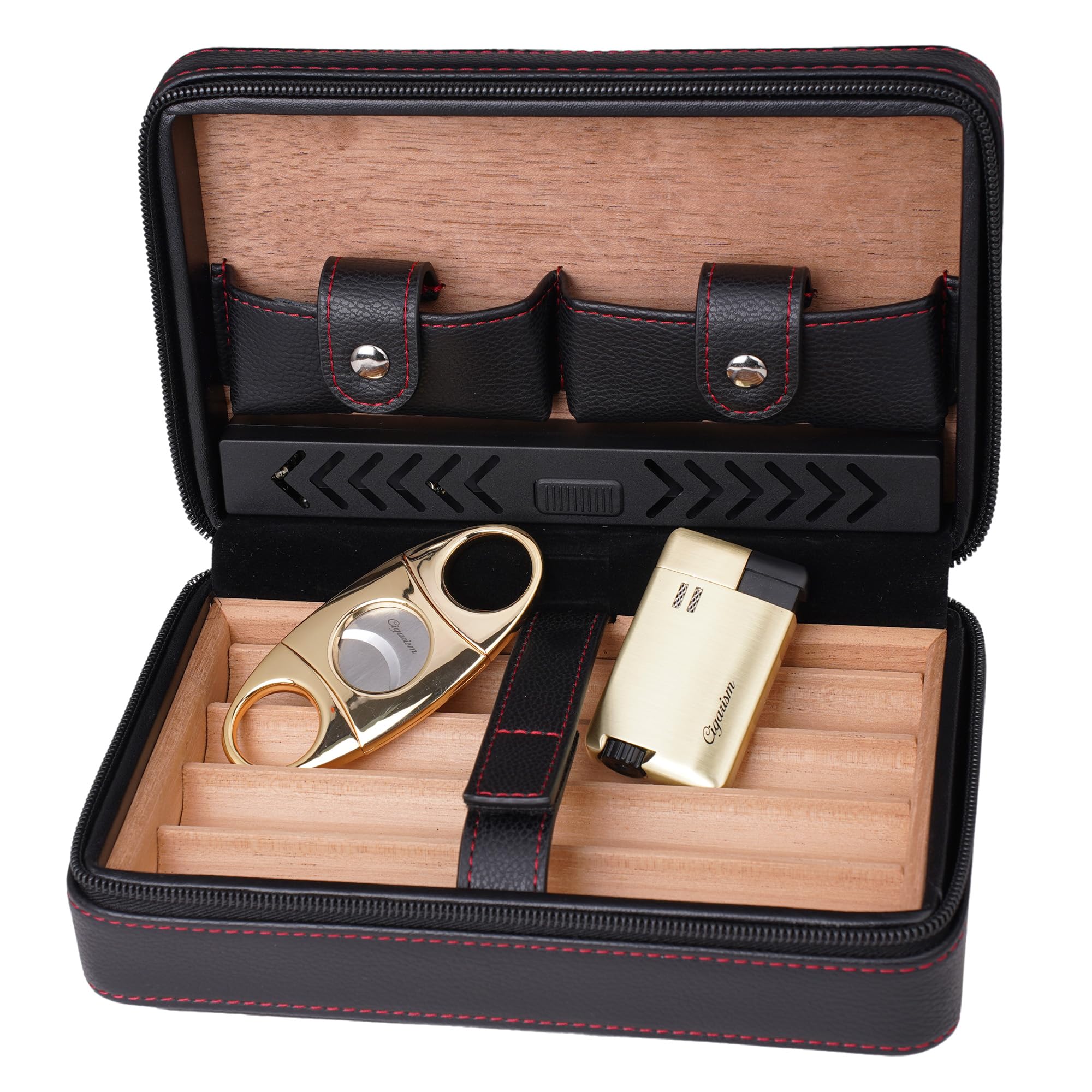 Cigar Travel Humidor, PU Leather Cigar Case, Cigar Cutter and Lighter Set