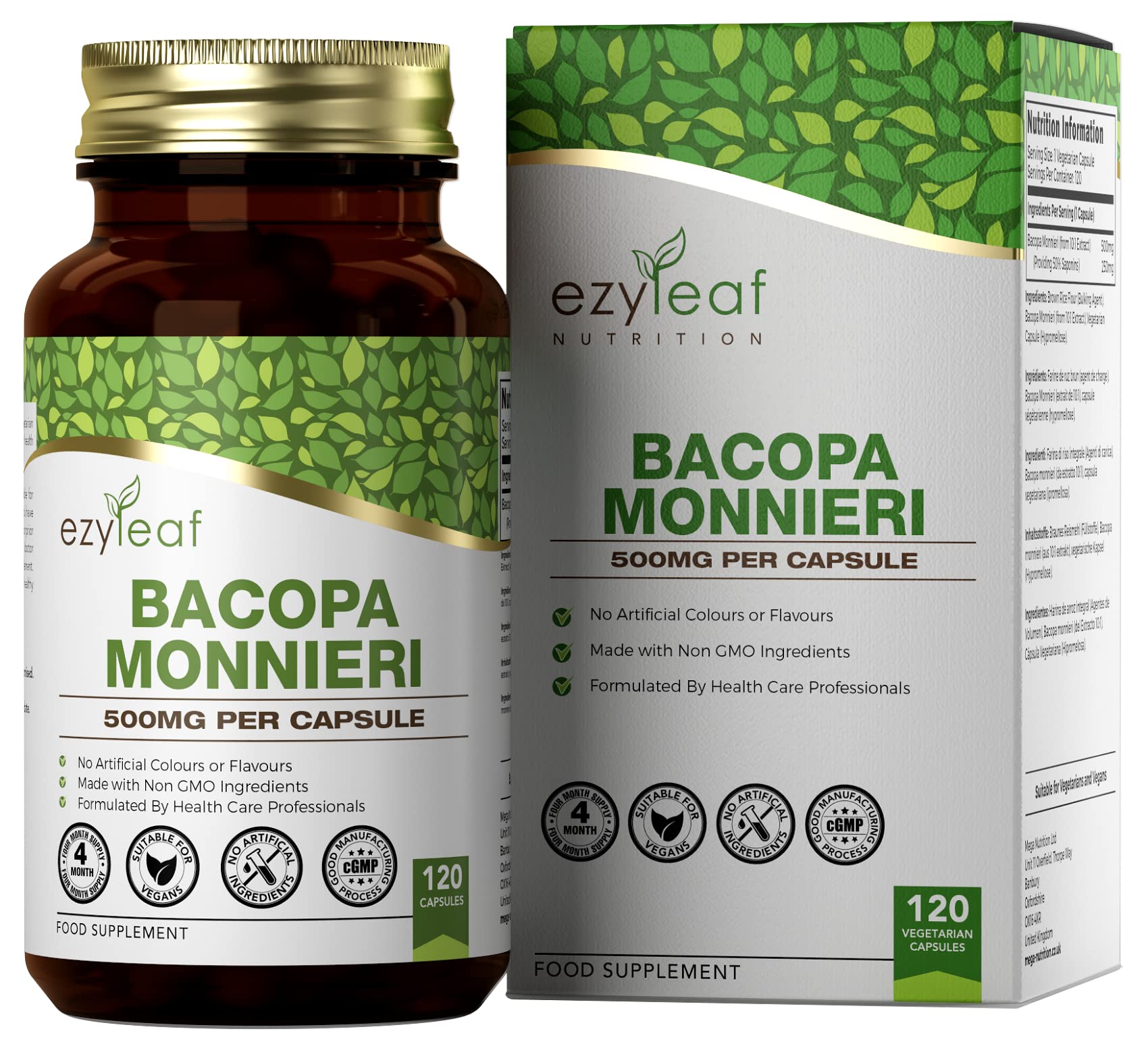 Ezyleaf Bacopa Monnieri 500mg High Strength Bacopa Supplement 50% Bacosides | 120 Bacopa Capsules | Bacopa Extract Ayurvedic Brahmi Powder Capsules | Vegan, Non-GMO Allergen & Gluten Free | Made In UK